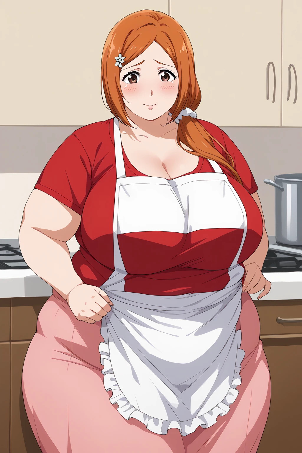 inoue orihime, Orihime Inoue,  long hair,  orange hair, (brown eyes),low ponytail, I'm tying my hair to one at the back, ((Pink Skirt)), Long Skirts,((Red T-shirt)), (( white apron)),Long apron, White scrunchie,40 years old,milf,  score_9,  score_8_ up,  score_7_ up,  score_6_ up,  score_5_ up,  score_4_ up,  Masterpiece ,  top quality , Very aesthetic,   absurd,  Source_Anime, Anime screencap , ssbbw,  one woman、Alone、 personal ,Curvy、 embarrassed expression、 kitchen,  in her 20s, chybby,  embarrassing expression 、blush, Mature Woman, Fat face, double chin ,  troubled expression, Married Woman,