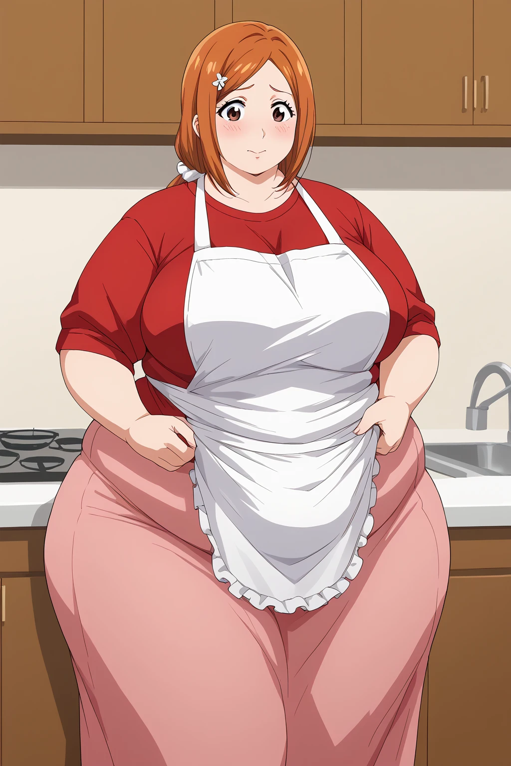 inoue orihime, Orihime Inoue,  long hair,  orange hair, (brown eyes),low ponytail, I'm tying my hair to one at the back, ((Pink Skirt)), Long Skirts,((Red T-shirt)), (( white apron)),Long apron, White scrunchie,40 years old,milf,  score_9,  score_8_ up,  score_7_ up,  score_6_ up,  score_5_ up,  score_4_ up,  Masterpiece ,  top quality , Very aesthetic,   absurd,  Source_Anime, Anime screencap , ssbbw,  one woman、Alone、 personal ,Curvy、 embarrassed expression、 kitchen,  in her 20s, chybby,  embarrassing expression 、blush, Mature Woman, Fat face, double chin ,  troubled expression, Married Woman,