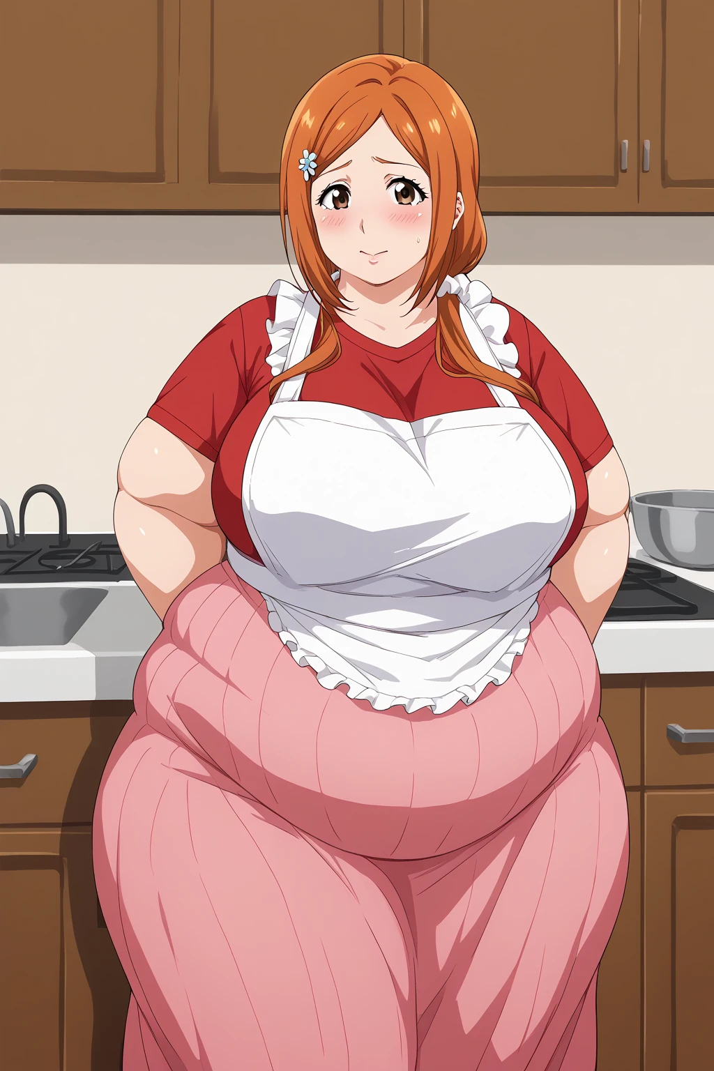 inoue orihime, Orihime Inoue,  long hair,  orange hair, (brown eyes),low ponytail, I'm tying my hair to one at the back, ((Pink Skirt)), Long Skirts,((Red T-shirt)), (( white apron)),Long apron, White scrunchie,40 years old,milf,  score_9,  score_8_ up,  score_7_ up,  score_6_ up,  score_5_ up,  score_4_ up,  Masterpiece ,  top quality , Very aesthetic,   absurd,  Source_Anime, Anime screencap , ssbbw,  one woman、Alone、 personal ,Curvy、 embarrassed expression、 kitchen,  in her 20s, chybby,  embarrassing expression 、blush, Mature Woman, Fat face, double chin ,  troubled expression, Married Woman,