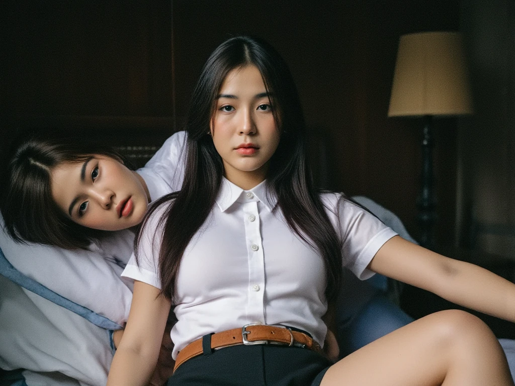 1girl, thai university uniform:1.3, 8k, high detail, high quality, realistic, slim and perfect figure, perfect body proportions, cinematic lighting, long exposure, selective focus on face, white short-sleeve button up shirt, black tight mini skirt, 1 brown suede belt, black messy long straight hair, silver metal shirt buttons, in dark bedroom:1.3, face expression of suffering:1.4, portrait, half-close her eyes:1.4, open mouth a little:1.4, close up on face, sleeping face:1.4, tired face:1.4, lying on the bed:1.5, side angle:1.3, face side:1.4, medium breasts:1.4, Expression of debauchery:1.4