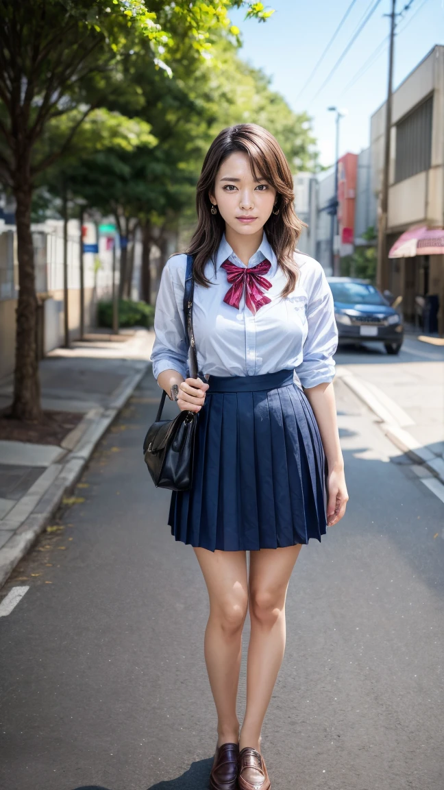 a beautiful 18 year old Japanese high school girl with perfect anatomy, healthy thighs, beautiful legs, beautiful skin, random hair color and style, large breasts, (wearing a Japanese schoolgirl uniform:1.3), (she is standing:1.2), penny loafers, holding a student bag, full body shot, standing on a city street, (best quality,4k,8k,highres,masterpiece:1.3),(extremely detailed:1.2),photorealistic,ultra-detailed,vivid colors, studio lighting, professional, Yui Aragaki