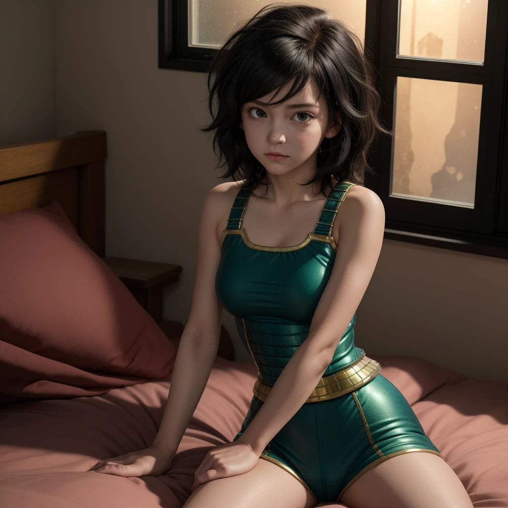 gine,1girl,solo,short hair,black hair,black eyes,spiked hair,messy hair,medium hair,bangs,
armor, panty, black panties, high panty, saiyan armor, green armor, 
shy face, blushing,  closed mouth, liying on bed, latin features,
indoor, room, night, window, moon lighting, petite, bed, intense black hair, cowboy-shots,
(insanely detailed, beautiful detailed face, masterpiece, best quality) cinematic lighting, jet black hair,