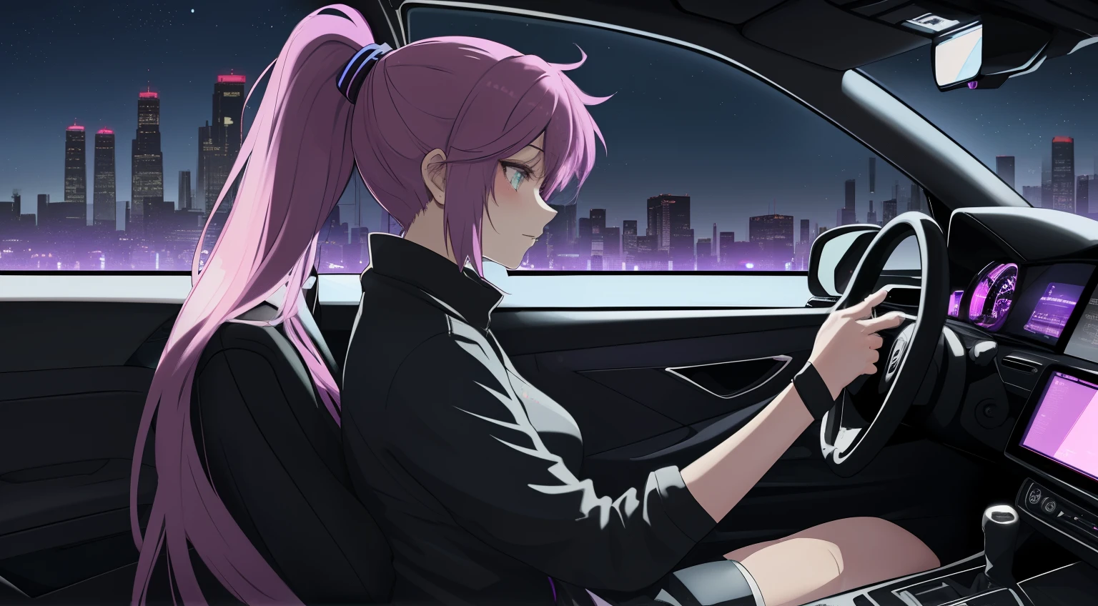 "An anime-style woman with long purple hair and pink highlights tied in a ponytail, sitting in the driver's seat of a car. The angle is from the front passenger seat, capturing her side profile with a clear view of her face, slightly illuminated by the soft glow of the car’s dashboard lights. Her expression is calm and introspective as she gazes out of the driver's side window into the night. The interior of the car features subtle neon purple lighting, reflecting a futuristic and cyberpunk aesthetic. The steering wheel is partially visible, and her hand rests lightly on it. Outside the window, a vibrant urban cityscape is visible, with tall, glowing skyscrapers and scattered streetlights under a clear, starry sky. The atmosphere is quiet and reflective, blending modern technology and emotional depth. She wears casual, sleek clothing appropriate for a late-night drive, exuding a sense of individuality and calmness. No cigarettes or smoke are present, ensuring a clean and serene vibe."
