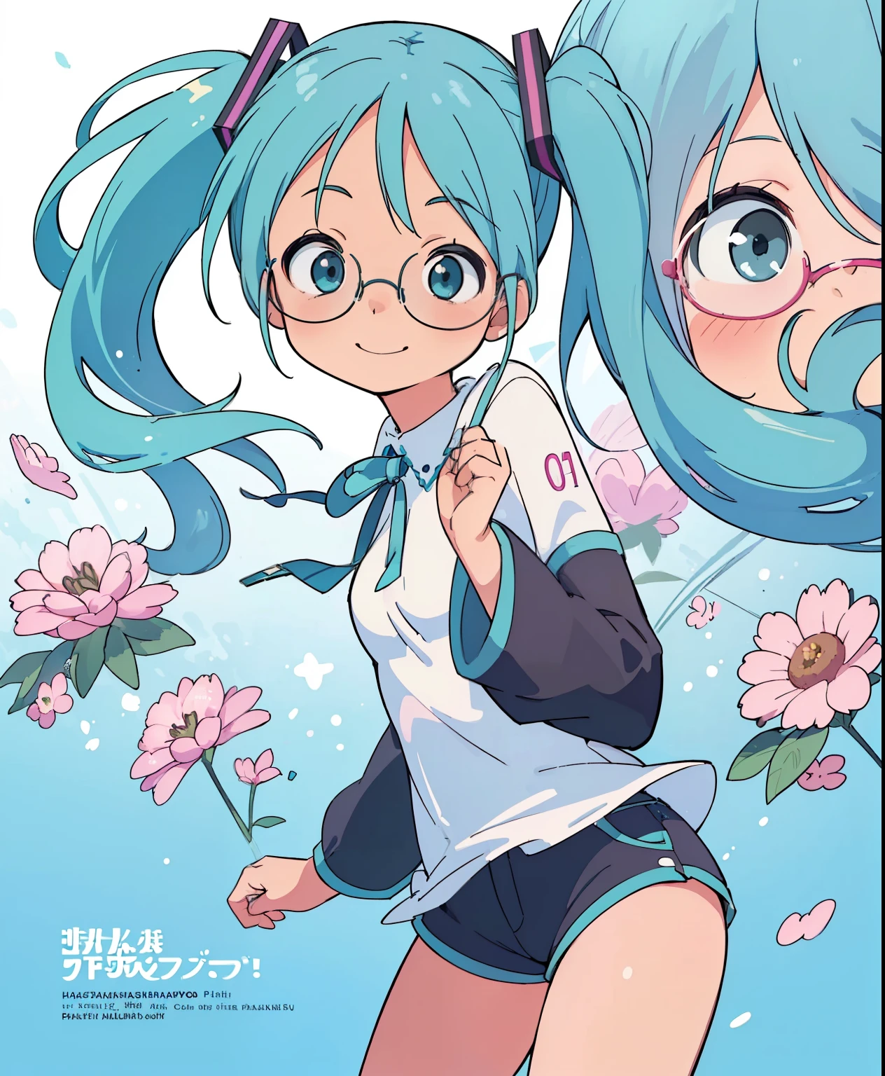 (masterpiece、 top quality 、 top quality 、 Official Art、 Beautiful and Beautiful :1.2)、( One Girl :1.3) Hatsune Miku 、 twin tails, Beautiful breasts, cute girl、 One girl , Round Glasses, big glasses, smile, stare at the camera , Short Disheveled Hair , dark skin, round eyes, Cyan blue shirt, black shorts, close, Magazine photoshoot, dynamic pose