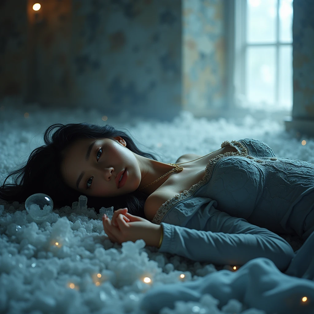 ((In front of the castle walls((Girl lying on a marble table on a large floor))、((Lying on a marble table))))、Fluorescent color、One Girl、Looking to the side、Beautiful Face、Beautiful Eyes、(From the shoulder down:1. 2)、Upper Body、Shiny Hair、Glowing Skin、Reduce glare、Adjust finger proportions、eyebrow、Butt、Dynamic Angle、((Master part))、((Highest quality))、((Ultra Details))、(An illustration)、(Detailed light)、(Very delicate and beautiful)、Dramatic Shadows、Ray tracing、reflection、Ultra-high resolution、((Master part))、((Highest quality))、((Ultra HD))。 Ultra-high resolution、((Colorful and black hair mesh girl))、Her hair flutters in the wind、(Big deep blue eyes)、Black-haired woman、Sparkling Butterfly、black-。 Black Haired Woman、Spots of light around the woman、Magical Aura、Green dot、About Aura Natural、超魔法的オーラBlack Haired Woman、 ((Translucent pink open shoulder dress: 1. 3)、(Sleeveless)、((The skirt is soaring in the wind))、((An old European castle is hazy in the distance))、(White panties are visible)