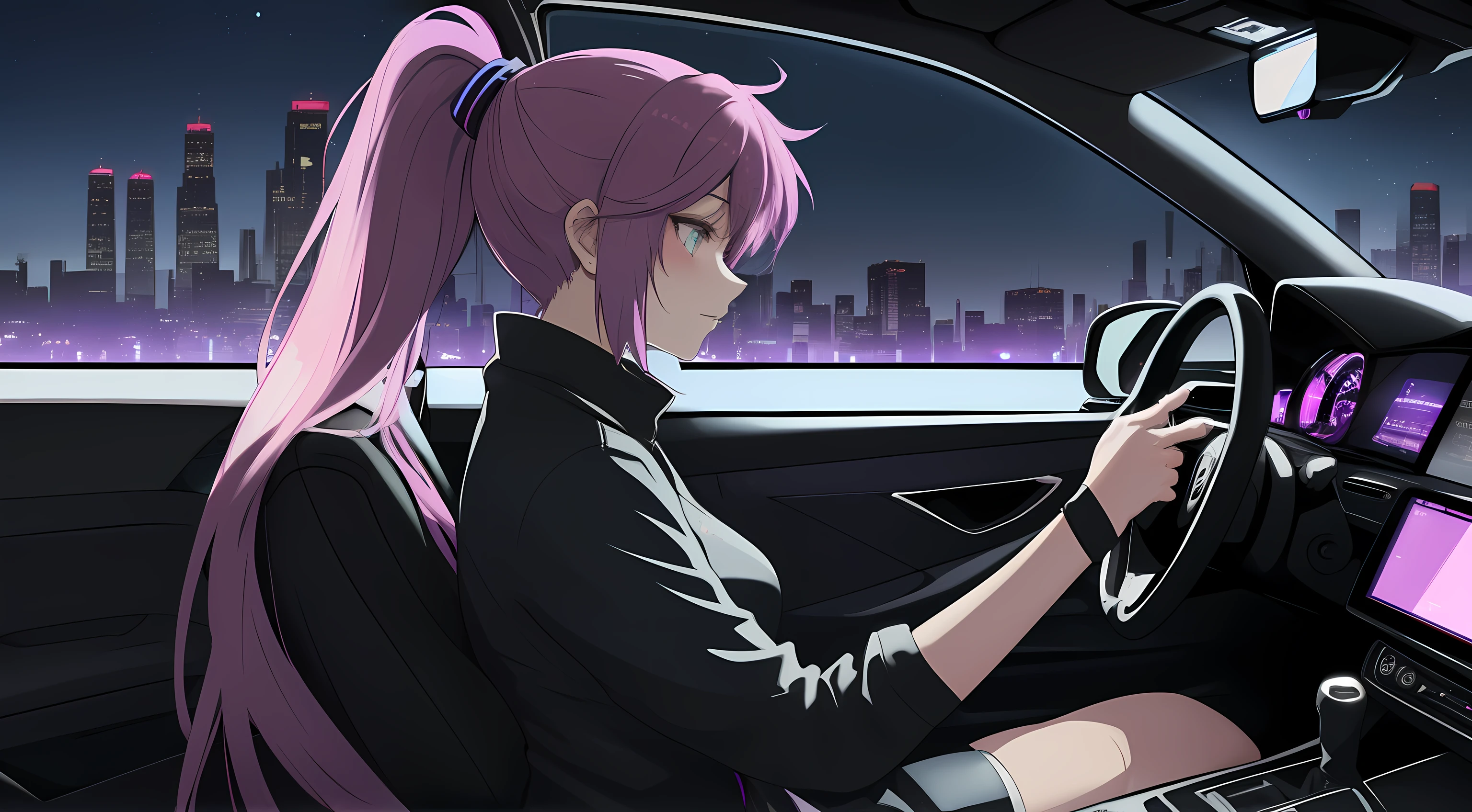 "An anime-style woman with long purple hair and pink highlights tied in a ponytail, sitting in the driver's seat of a car. The angle is from the front passenger seat, capturing her side profile with a clear view of her face, slightly illuminated by the soft glow of the car’s dashboard lights. Her expression is calm and introspective as she gazes out of the driver's side window into the night. The interior of the car features subtle neon purple lighting, reflecting a futuristic and cyberpunk aesthetic. The steering wheel is partially visible, and her hand rests lightly on it. Outside the window, a vibrant urban cityscape is visible, with tall, glowing skyscrapers and scattered streetlights under a clear, starry sky. The atmosphere is quiet and reflective, blending modern technology and emotional depth. She wears casual, sleek clothing appropriate for a late-night drive, exuding a sense of individuality and calmness. No cigarettes or smoke are present, ensuring a clean and serene vibe."
