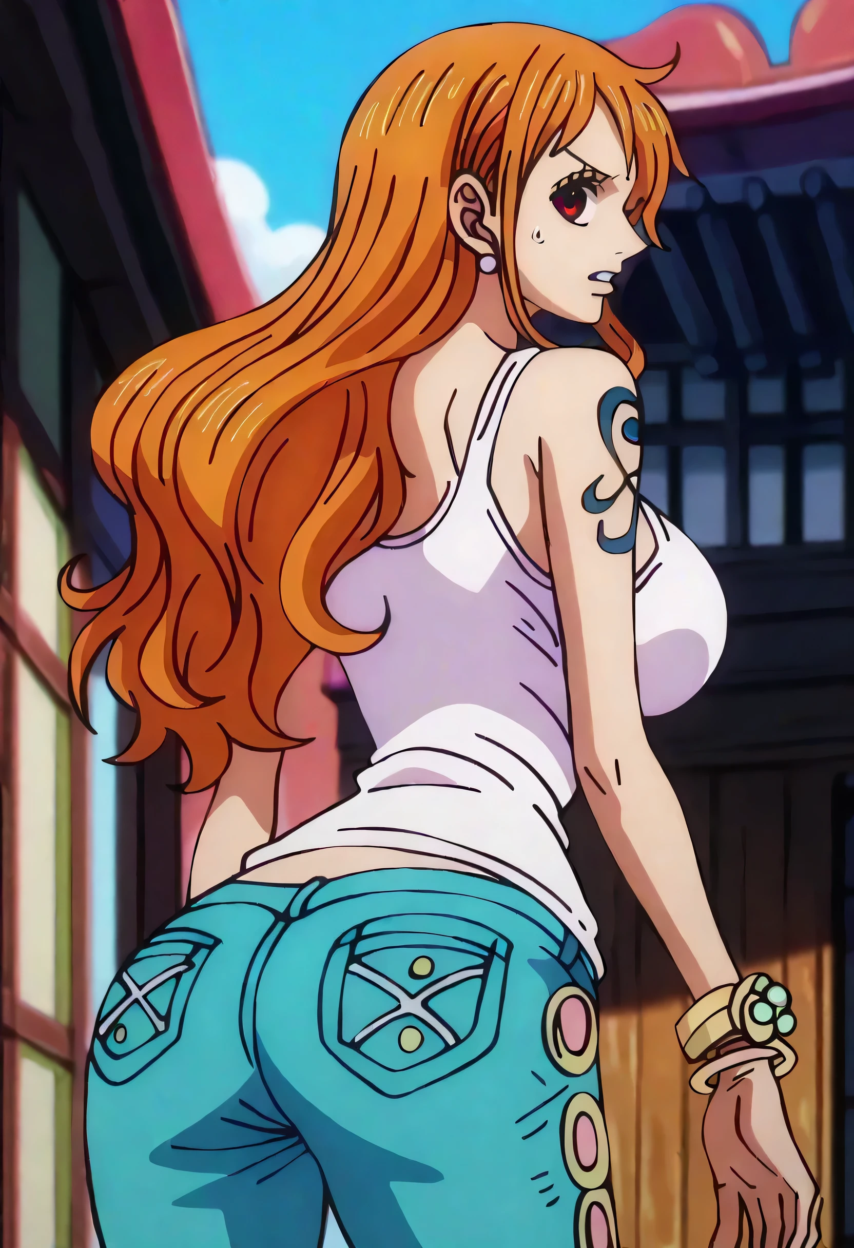 score 9, nami, anime screenshot, wano country arc, 1girl, big breasts, flustered, parted lips, long hair, sexy tanktop, jeans, bracelet, masterpiece, cowboy shot, outdoors, looking back, from behind,looking at viewer,
