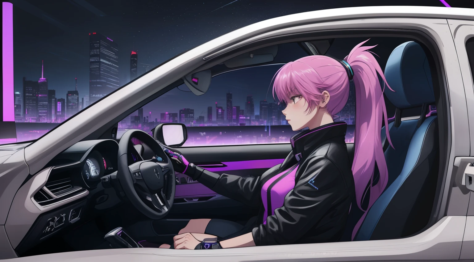 "An anime-style woman with long purple hair and pink highlights tied in a ponytail, sitting in the driver's seat of a car. The angle is from the front passenger seat, capturing her side profile with a clear view of her face, slightly illuminated by the soft glow of the car’s dashboard lights. Her expression is calm and introspective as she gazes out of the driver's side window into the night. The interior of the car features subtle neon purple lighting, reflecting a futuristic and cyberpunk aesthetic. The steering wheel is partially visible, and her hand rests lightly on it. Outside the window, a vibrant urban cityscape is visible, with tall, glowing skyscrapers and scattered streetlights under a clear, starry sky. The atmosphere is quiet and reflective, blending modern technology and emotional depth. She wears casual, sleek clothing appropriate for a late-night drive, exuding a sense of individuality and calmness. No cigarettes or smoke are present, ensuring a clean and serene vibe."
