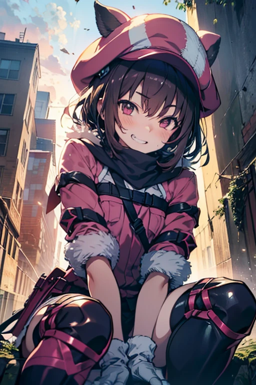 (raised leg invitation), (sitting),
(extreme close-up of thigh), (The view is from very close below:1.5), Pushing hips forward, 
looking down ,looking at viewer, arms behind back,
Llenn,anime style,(( top quality )), ((masterpiece)),( Details), high res,Sharp focus, perfect face, beautiful eyes,{best illustration},(非常に Details CG unity 8k wallpaper),
((( vivid color))),(((shiny 肌,very shiny 肌, shiny body ))),(plastic glitter 肌),(exaggerated shiny 肌, illuminated ),
( perfect finger),(Five fingers),(complete anatomy),1 girl, , slim, petites, (flat chest), Short Hair, light brown hair, female 

undressing, half undress, Pink jacket, (pants) ,fur trim, gloves, (straps), Pink animal hat, knee pads, military boots, 

seductive grin smug, embarrassed, blush, drunken eyes,　clenched teeth,　
An abandoned city without people , (Outdoor), Formerly Paved Roads ,Covered in moss, tree roots entwined with the remnants of the human world stretching into the sky,Vines crawl on the side of a crumbling wall , Rusted Streetlights 