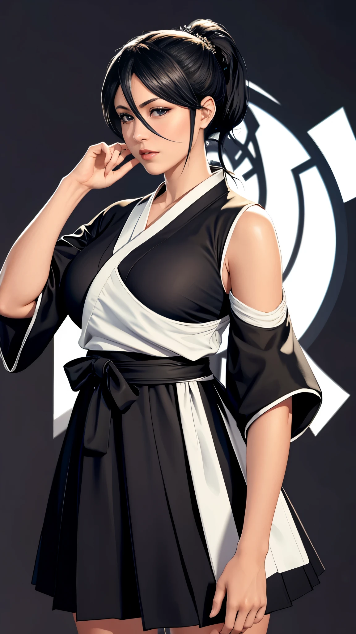 （（（perfect figure，figure，Alone，（（（black robes, sash, hakama skirt）））， （（（What are you doing?, folded ponytail, ））），((masterpiece)),high resolution, ((Best quality at best))，masterpiece，quality，Best quality，（（（ Exquisite facial features，Looking at the audience,There is light in the eyes，(（（LOL，confidence））)，））），型figure:1.7））），（（（Light and shadow，Huge breasts））），（（（Looking at the camera，black background，）））full dress,