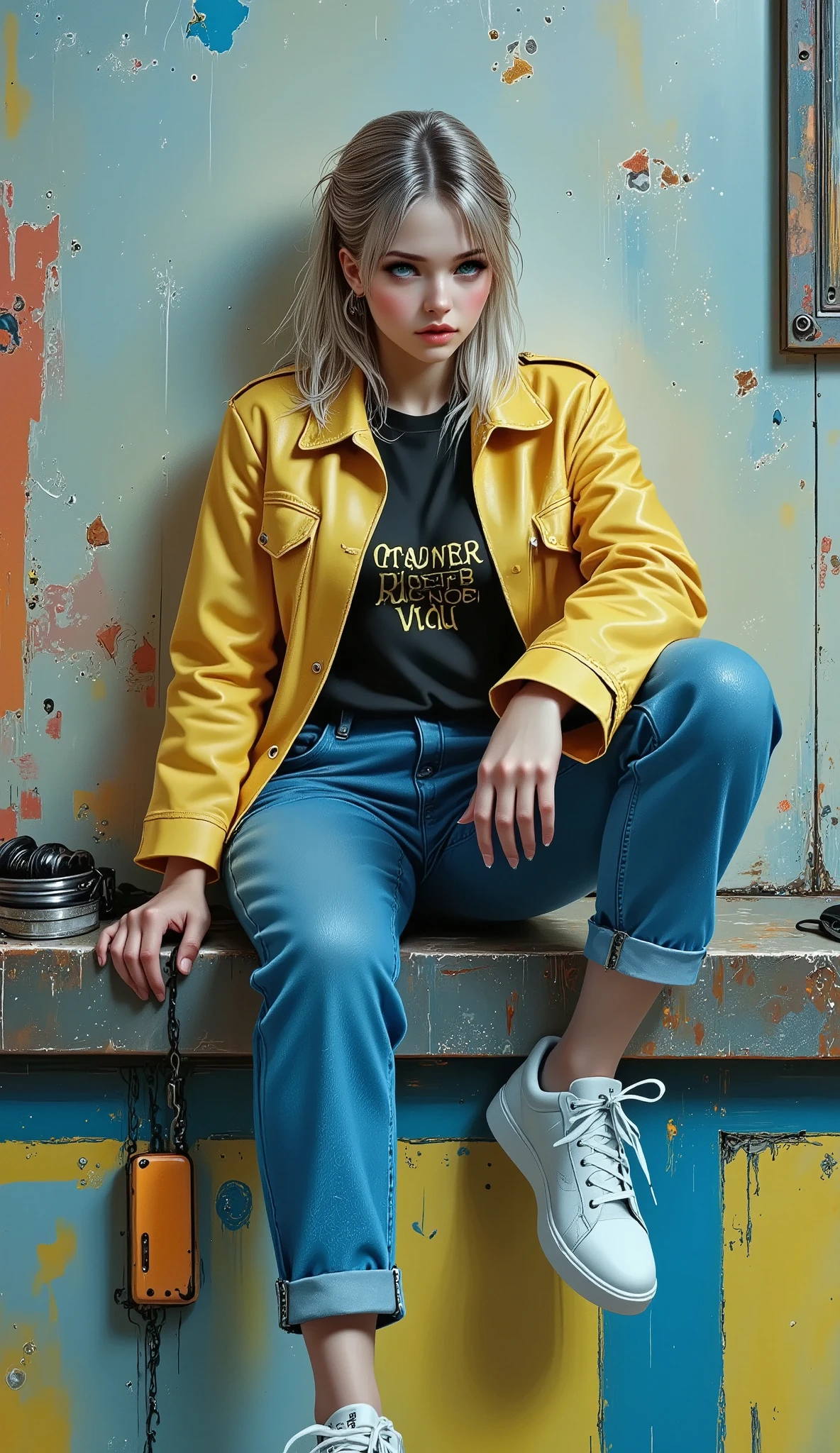  painting of a woman sitting on a wall smoking a cigarette  ,  wearing headphones this one with the feet resting on the headset with the legs crossed, sneakers ,  yellow coat jacket with geometric patterns  ,  falls on the shoulders  ,  rolled jeans  ,  the lower part of the wall is peeled with cyan colors  ,  blue yellow and orange  ,  black sweatshirt with inscriptions  ,  Look slightly down  ,  with one hand on the cigarette  ,  straight hair with a stripe in the middle  , Shiny hair,  cyberpunk art inspired by Yanjun Cheng  ,  trend in ArtStation  , street art,  artwork in the style of Guweiz  , guweiz, guweiz&#39;s Masterpiece , guweiz on ArtStation Pixiv, Cyberpunk streetwear, trending on cgstation, guweiz on pixiv artstation, Style Ross Tran