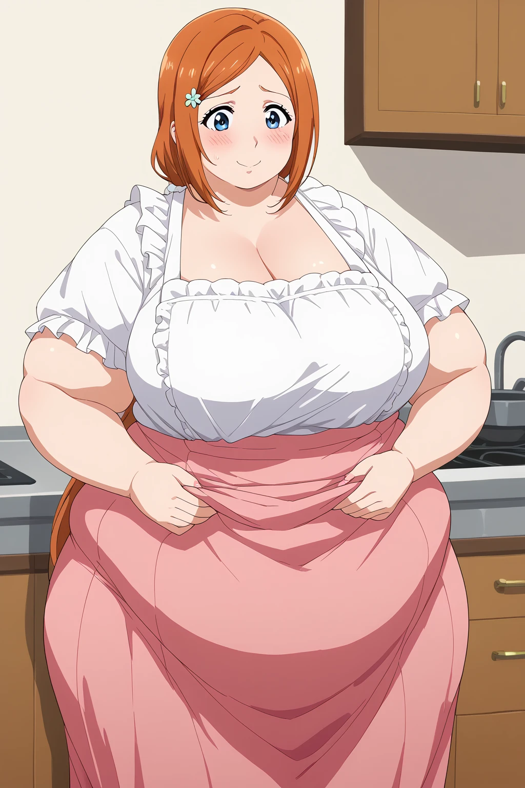 inoue orihime, Orihime Inoue, Married Woman, 40 years old,milf, long hair,  orange hair,  Teal Eyelids,low ponytail, White scrunchie, pink long skirt,red short sleeve blouse, white ruffled apron, score_9,  score_8_ up,  score_7_ up,  score_6_ up,  score_5_ up,  score_4_ up,  Masterpiece ,  top quality , Very aesthetic,  absurd,  Source_Anime, Anime screencap,  one woman、Alone、 personal 、 embarrassed expression、  kitchen、Fat body,  in her 20s,  obese , chybby,ssBbw embarrassed expression, 、blush, Fat face,  troubled expression, 