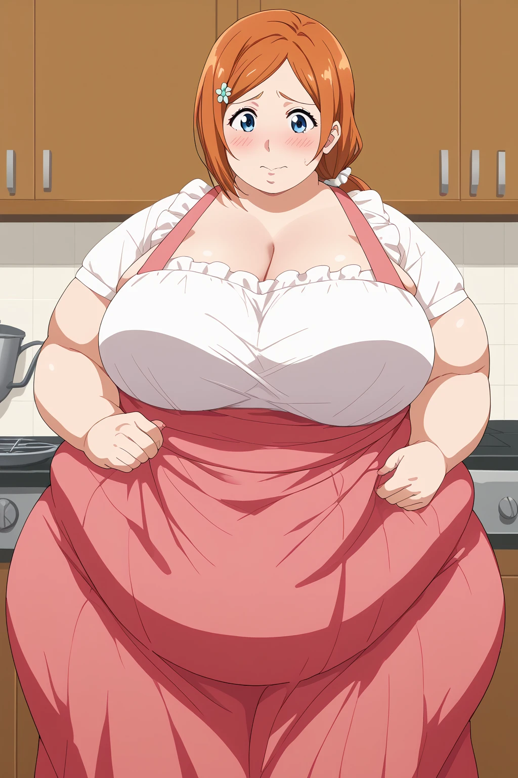 inoue orihime, Orihime Inoue, Married Woman, 40 years old,milf, long hair,  orange hair,  Teal Eyelids,low ponytail, White scrunchie, pink long skirt,red short sleeve blouse, white ruffled apron, score_9,  score_8_ up,  score_7_ up,  score_6_ up,  score_5_ up,  score_4_ up,  Masterpiece ,  top quality , Very aesthetic,  absurd,  Source_Anime, Anime screencap,  one woman、Alone、 personal 、 embarrassed expression、  kitchen、Fat body,  in her 20s,  obese , chybby,ssBbw embarrassed expression, 、blush, Fat face,  troubled expression, 