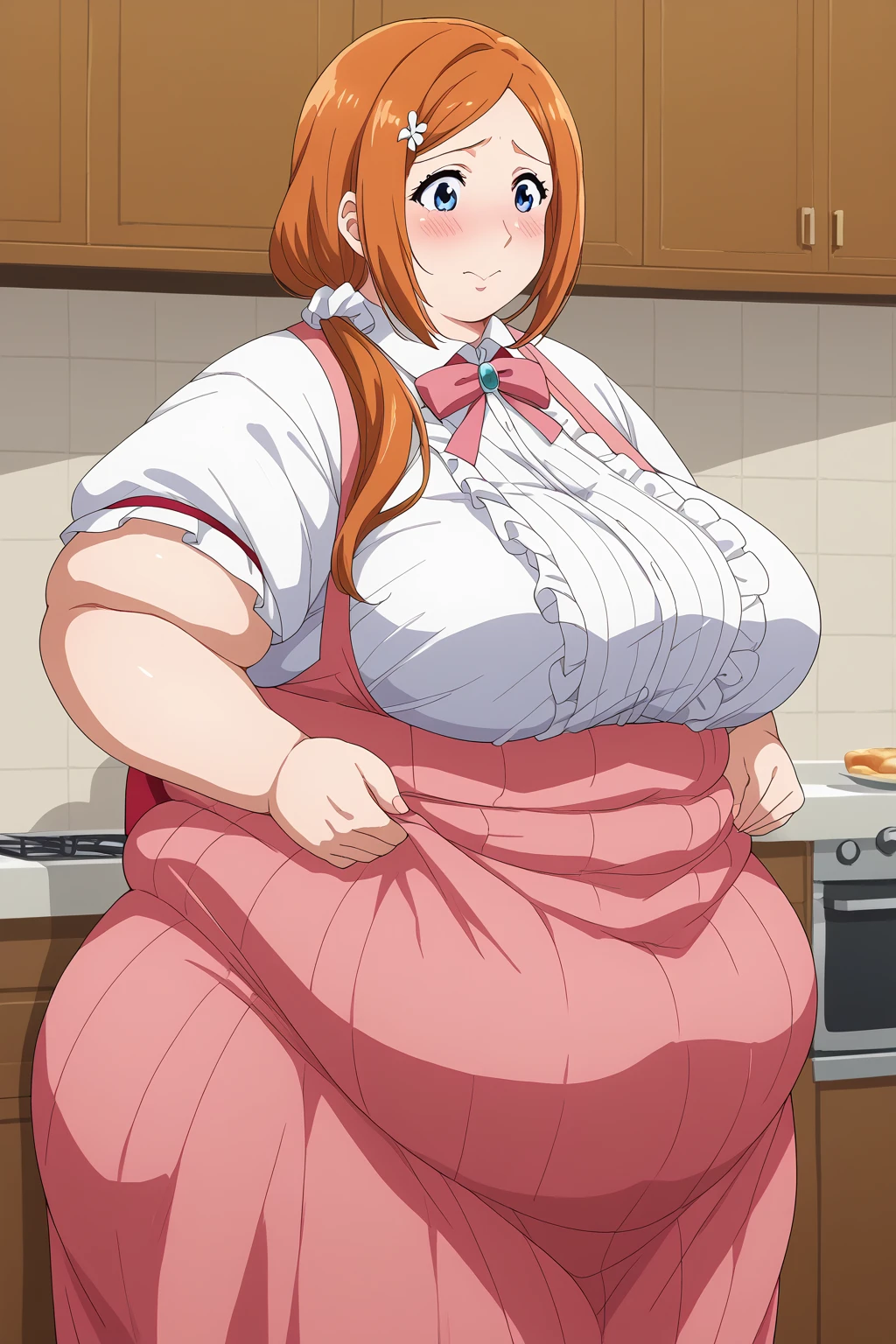 inoue orihime, Orihime Inoue, Married Woman, 40 years old,milf, long hair,  orange hair,  Teal Eyelids,low ponytail, White scrunchie, pink long skirt,red short sleeve blouse, white ruffled apron, score_9,  score_8_ up,  score_7_ up,  score_6_ up,  score_5_ up,  score_4_ up,  Masterpiece ,  top quality , Very aesthetic,  absurd,  Source_Anime, Anime screencap,  one woman、Alone、 personal 、 embarrassed expression、  kitchen、Fat body,  in her 20s,  obese , chybby,ssBbw embarrassed expression, 、blush, Fat face,  troubled expression, 