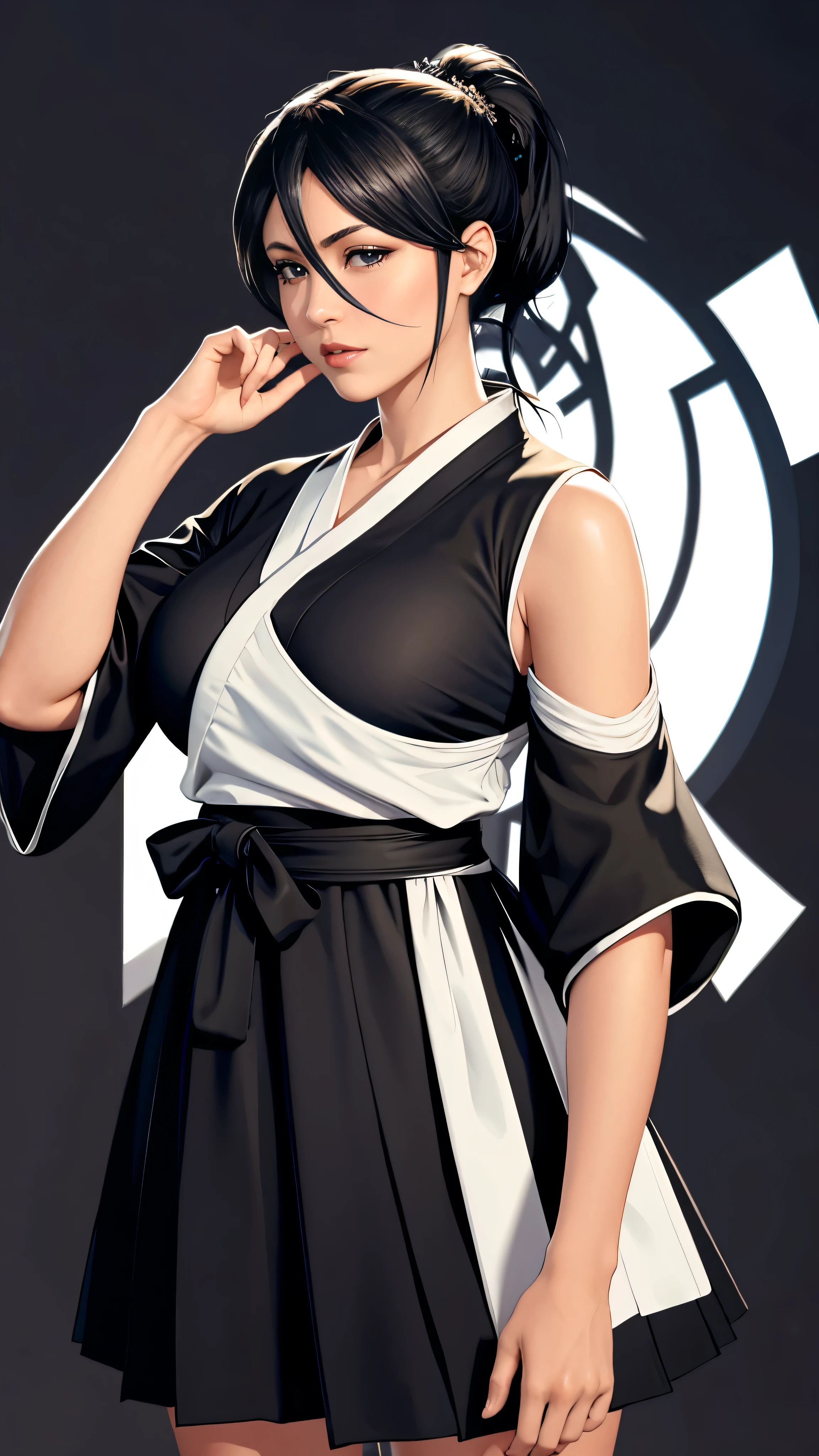 (((perfect figure,figure,Alone,(((black robes, sash, hakama skirt))), (((What are you doing?, folded ponytail, ))),((masterpiece)),high resolution, ((Best quality at best)),masterpiece,quality,Best quality,((( Exquisite facial features,Looking at the audience,There is light in the eyes,(((LOL,confidence))),))),型figure:1.7))),(((Light and shadow,Huge breasts))),(((Looking at the camera,black background,)))full dress,