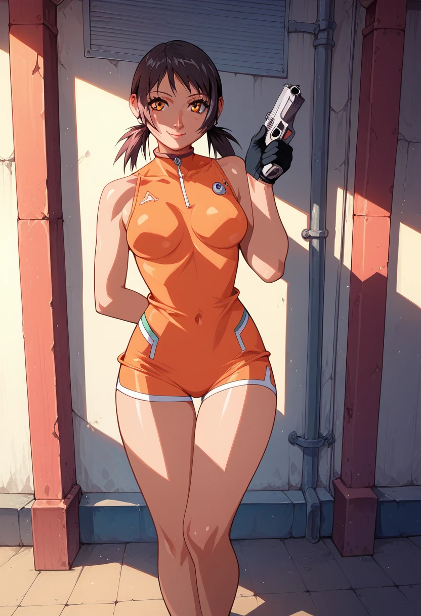 Kei from The Dirty Pair, , wearing a tight yellow outfit, frame, legs, medium breast, red hair beauty, cyberpunk city background, holding retro space-gun, headband, slim waist, slim thighs, thigh gap