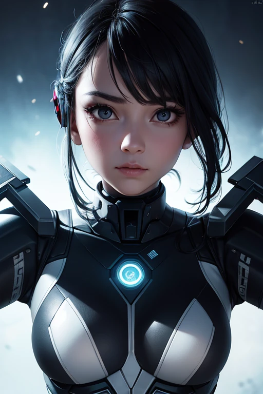 Delicate facial features，Girl wearing cyber sci-fi makeup，Cool mecha texture black clothes，In a brightly lit future environment。The style belongs to surreal science fiction fantasy machinery、high tech，Futuristic，Crazy details，Extreme light，Focal length 200mm，Aperture 2.0，Overhead shot，OC Rendering，Ray Tracing，Master composition，