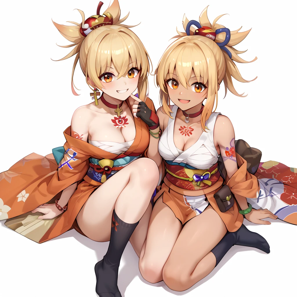 nsfw,best quality,very aesthetic,high quality,masterpiece,1girl,yoimiya, orange eyes, blonde hair, ponytail, hair between eyes, hair ornament, red choker, jewelry, orange kimono, japanese clothes, hadanugi_dousa, single bare shoulder, cleavage, collarbone, sash, obi, rope, pouch, shimenawa, chest sarashi, bandadged leg, chest tattoo, arm tattoo, single glove, fingerless glove, bracelet, black kneehighs, black socks, asymmetrical legwear, single leg warmers,,toe,footfocasanime screencap,illustration,year 2024,full_body,from above,sitting cross-legged,sitting down,hands on cheeks,looking at another,Smiling,Tanned skin,white background