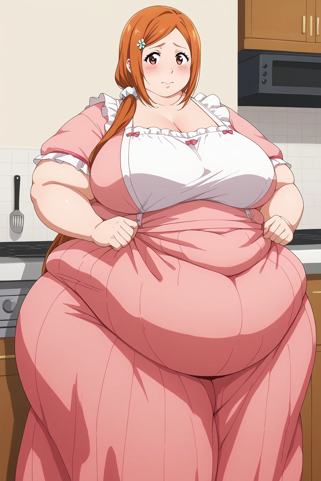 inoue orihime, Orihime Inoue, Married Woman, 40 years old,milf, long hair,  orange hair,  Teal Eyelids,low ponytail, White scrunchie, ((pink long skirt,red short sleeve blouse, white ruffled apron)), score_9,  score_8_ up,  score_7_ up,  score_6_ up,  score_5_ up,  score_4_ up,  Masterpiece ,  top quality , Very aesthetic,  absurd,  Source_Anime, Anime screencap,  one woman、Alone、 personal 、 embarrassed expression、  kitchen、Fat body,  in her 20s,  obese , chybby,ssBbw embarrassed expression, 、blush, Fat face,  troubled expression, 