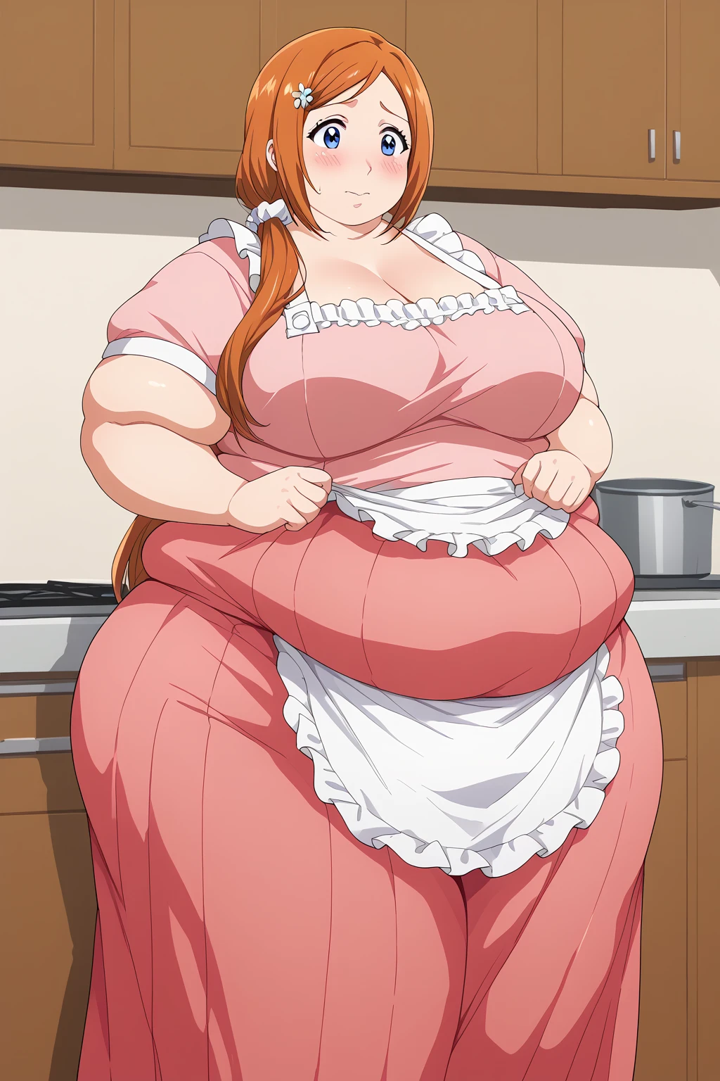 inoue orihime, Orihime Inoue, Married Woman, 40 years old,milf, long hair,  orange hair,  Teal Eyelids,low ponytail, White scrunchie, ((pink long skirt,red short sleeve blouse, white ruffled apron)), score_9,  score_8_ up,  score_7_ up,  score_6_ up,  score_5_ up,  score_4_ up,  Masterpiece ,  top quality , Very aesthetic,  absurd,  Source_Anime, Anime screencap,  one woman、Alone、 personal 、 embarrassed expression、  kitchen、Fat body,  in her 20s,  obese , chybby,ssBbw embarrassed expression, 、blush, Fat face,  troubled expression, 