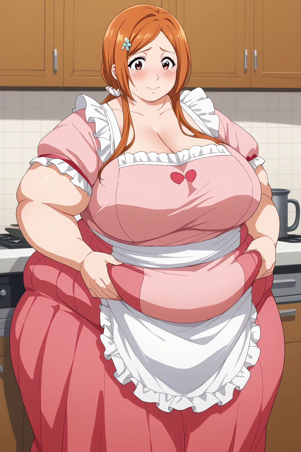 inoue orihime, Orihime Inoue, Married Woman, 40 years old,milf, long hair,  orange hair,  Teal Eyelids,low ponytail, White scrunchie, ((pink long skirt,red short sleeve blouse, white ruffled apron)), score_9,  score_8_ up,  score_7_ up,  score_6_ up,  score_5_ up,  score_4_ up,  Masterpiece ,  top quality , Very aesthetic,  absurd,  Source_Anime, Anime screencap,  one woman、Alone、 personal 、 embarrassed expression、  kitchen、Fat body,  in her 20s,  obese , chybby,ssBbw embarrassed expression, 、blush, Fat face,  troubled expression, 