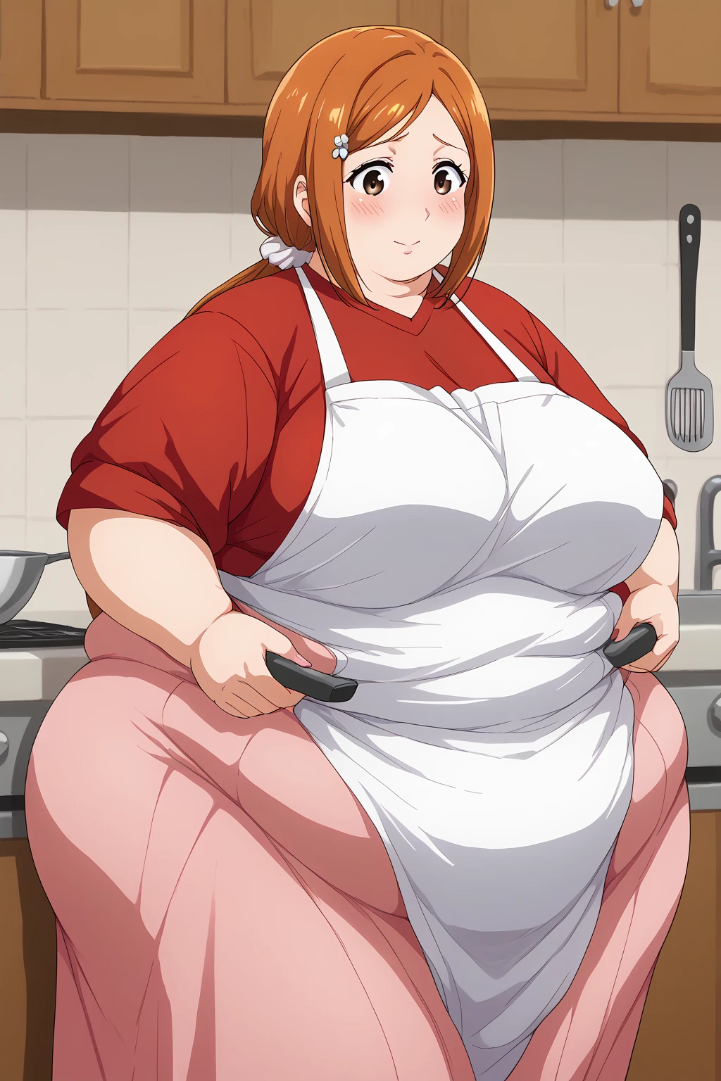 inoue orihime, Orihime Inoue,  long hair,  orange hair, (brown eyes),low ponytail, I'm tying my hair to one at the back, ((Pink Skirt)), Long Skirts,((Red T-shirt)), (( white apron)),Long apron, White scrunchie,40 years old,milf,  score_9,  score_8_ up,  score_7_ up,  score_6_ up,  score_5_ up,  score_4_ up,  Masterpiece ,  top quality , Very aesthetic,   absurd,  Source_Anime, Anime screencap , ssbbw,  one woman、Alone、 personal ,Curvy、 embarrassed expression、 kitchen,  in her 20s, chybby,  embarrassing expression 、blush, Mature Woman, Fat face, double chin ,  troubled expression, Married Woman,