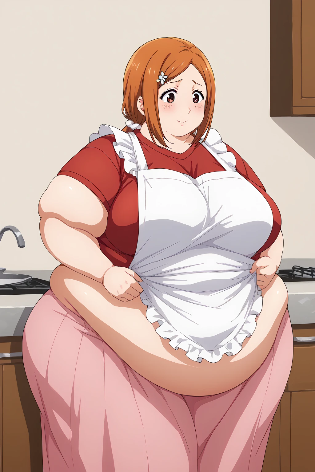 inoue orihime, Orihime Inoue,  long hair,  orange hair, (brown eyes),low ponytail, I'm tying my hair to one at the back, ((Pink Skirt)), Long Skirts,((Red T-shirt)), (( white apron)),Long apron, White scrunchie,40 years old,milf,  score_9,  score_8_ up,  score_7_ up,  score_6_ up,  score_5_ up,  score_4_ up,  Masterpiece ,  top quality , Very aesthetic,   absurd,  Source_Anime, Anime screencap , ssbbw,  one woman、Alone、 personal ,Curvy、 embarrassed expression、 kitchen,  in her 20s, chybby,  embarrassing expression 、blush, Mature Woman, Fat face, double chin ,  troubled expression, Married Woman,