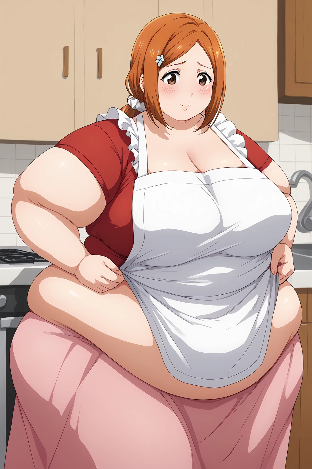 inoue orihime, Orihime Inoue,  long hair,  orange hair, (brown eyes),low ponytail, I'm tying my hair to one at the back, ((Pink Skirt)), Long Skirts,((Red T-shirt)), (( white apron)),Long apron, White scrunchie,40 years old,milf,  score_9,  score_8_ up,  score_7_ up,  score_6_ up,  score_5_ up,  score_4_ up,  Masterpiece ,  top quality , Very aesthetic,   absurd,  Source_Anime, Anime screencap , ssbbw,  one woman、Alone、 personal ,Curvy、 embarrassed expression、 kitchen,  in her 20s, chybby,  embarrassing expression 、blush, Mature Woman, Fat face, double chin ,  troubled expression, Married Woman,