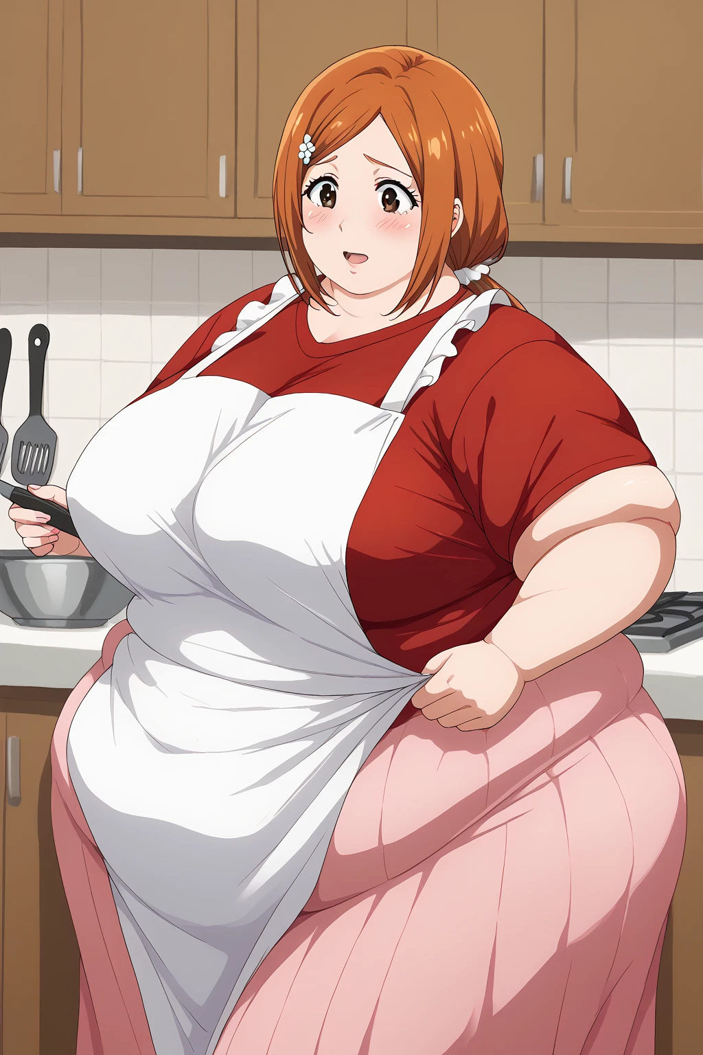 inoue orihime, Orihime Inoue,  long hair,  orange hair, (brown eyes),low ponytail, I'm tying my hair to one at the back, ((Pink Skirt)), Long Skirts,((Red T-shirt)), (( white apron)),Long apron, White scrunchie,40 years old,milf,  score_9,  score_8_ up,  score_7_ up,  score_6_ up,  score_5_ up,  score_4_ up,  Masterpiece ,  top quality , Very aesthetic,   absurd,  Source_Anime, Anime screencap , ssbbw,  one woman、Alone、 personal ,Curvy、 embarrassed expression、 kitchen,  in her 20s, chybby,  embarrassing expression 、blush, Mature Woman, Fat face, double chin ,  troubled expression, Married Woman,