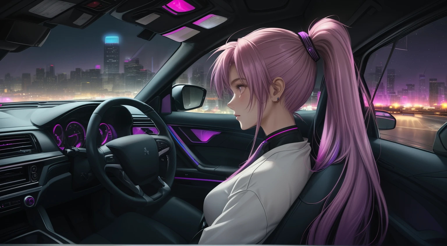 "An anime-style woman with long purple hair and pink highlights tied in a ponytail, sitting in the driver's seat of a car. The angle is from the front passenger seat, capturing her side profile with a clear view of her face, slightly illuminated by the soft glow of the car’s dashboard lights. Her expression is calm and introspective as she gazes out of the driver's side window into the night. The interior of the car features subtle neon purple lighting, reflecting a futuristic and cyberpunk aesthetic. The steering wheel is partially visible, and her hand rests lightly on it. Outside the window, a vibrant urban cityscape is visible, with tall, glowing skyscrapers and scattered streetlights under a clear, starry sky. The atmosphere is quiet and reflective, blending modern technology and emotional depth. She wears casual, sleek clothing appropriate for a late-night drive, exuding a sense of individuality and calmness. No cigarettes or smoke are present, ensuring a clean and serene vibe."
