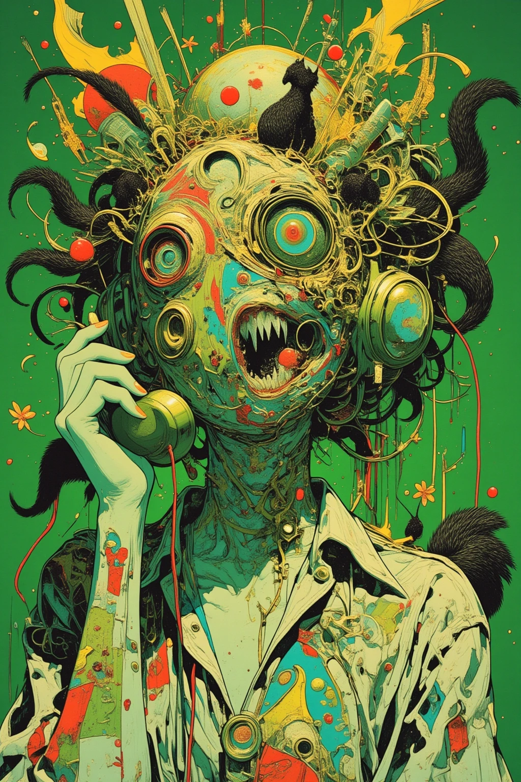   the hallucinatory art of a girl in a Roman telephone booth ,    Psychedelic Surreal Art   , Shamanistic horror LSD art,    terrifying surrealist art   ,   dmt Death of Ego  ,   Psychedelic Space Horror  ,   DMT Egodes   ,      Shamanism DMT Horror Art     ,    Ultra Detailed Fantastic Art   ,    High Resolution Fantastic Art   , Tool Band Art,  green,White,red,Colosseum,Calabrian black squirrels ,daisy,32k