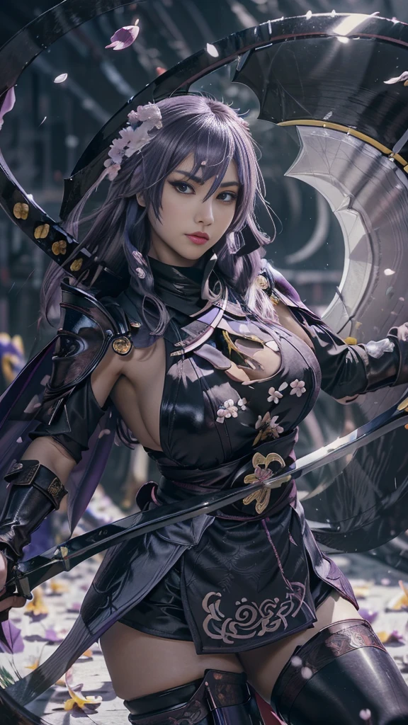  A young Japanese woman , warrior, Combat Stance, ((wielding a huge_weapon 
scythe:1.6)),  very detailedな, realisti,(seductive smile),(from above, upper body, looking down),  Brilliant Appearance , Creative Action,  extremely detailed, Imaginative,  sensual, spontaneous ,  top quality ,  skin texture, long drill hair ,(swept bangs),((Gunmetal gray hair)), (blue eyes), (mole under eye), toned body, huge breasts,(big breasts:1.6), Big Breasts,  plump thighs, (( purple armor with an iris flower pattern engraved )), leather samurai armor knight, bikini type design that emphasizes chest exposure ,((sideboob)), (Wear a purple cloak with an iris flower pattern ), leather skirt, ( purple shin guard with an iris flower pattern engraved ) , Black high-leg underwear , White tights,  absolute domain,  Intricate Details , ((Rainy Sky )),((Above the water lake )), ((irises petals background:1.3)), ((irises petals:1.3)), ((irises petals dancing in the wind:1.3)),(Purple irises in full bloom ),(前面にPurple irises in full bloom ), (confetti),  RAW photos , 8k, masterpiece,  top quality , ultra detail showing the cathedral, very detailed,  Intricate Details , high res,超 Intricate Details, very detailed 8k cg wallpaper,