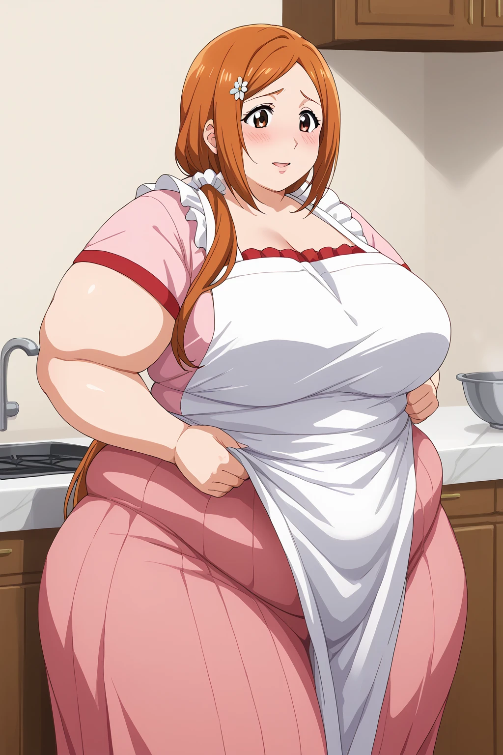 inoue orihime, Orihime Inoue,  long hair,  orange hair, (brown eyes),low ponytail, I'm tying my hair to one at the back, ((Pink Skirt)), Long Skirts,((red blouse t-shirt)), (( white apron)),Long apron, White scrunchie,40 years old,milf,  score_9,  score_8_ up,  score_7_ up,  score_6_ up,  score_5_ up,  score_4_ up,  Masterpiece ,  top quality , Very aesthetic,   absurd,  Source_Anime, Anime screencap , ssbbw,  one woman、Alone、 personal ,Curvy、 embarrassed expression、 kitchen,  in her 20s, chybby,  embarrassing expression 、blush, Mature Woman, Fat face, double chin ,  troubled expression, Married Woman,