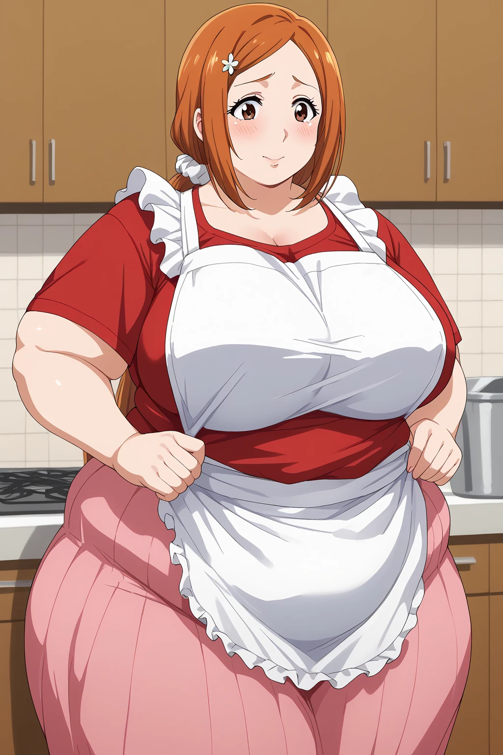 inoue orihime, Orihime Inoue,  long hair,  orange hair, (brown eyes),low ponytail, I'm tying my hair to one at the back, ((Pink Skirt)), Long Skirts,((red blouse t-shirt)), (( white apron)),Long apron, White scrunchie,40 years old,milf,  score_9,  score_8_ up,  score_7_ up,  score_6_ up,  score_5_ up,  score_4_ up,  Masterpiece ,  top quality , Very aesthetic,   absurd,  Source_Anime, Anime screencap , ssbbw,  one woman、Alone、 personal ,Curvy、 embarrassed expression、 kitchen,  in her 20s, chybby,  embarrassing expression 、blush, Mature Woman, Fat face, double chin ,  troubled expression, Married Woman,