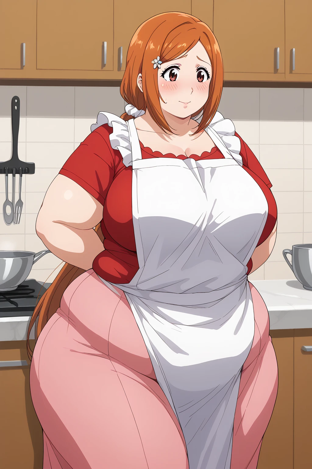 inoue orihime, Orihime Inoue,  long hair,  orange hair, (brown eyes),low ponytail, I'm tying my hair to one at the back, ((Pink Skirt)), Long Skirts,((red blouse t-shirt)), (( white apron)),Long apron, White scrunchie,40 years old,milf,  score_9,  score_8_ up,  score_7_ up,  score_6_ up,  score_5_ up,  score_4_ up,  Masterpiece ,  top quality , Very aesthetic,   absurd,  Source_Anime, Anime screencap , ssbbw,  one woman、Alone、 personal ,Curvy、 embarrassed expression、 kitchen,  in her 20s, chybby,  embarrassing expression 、blush, Mature Woman, Fat face, double chin ,  troubled expression, Married Woman,