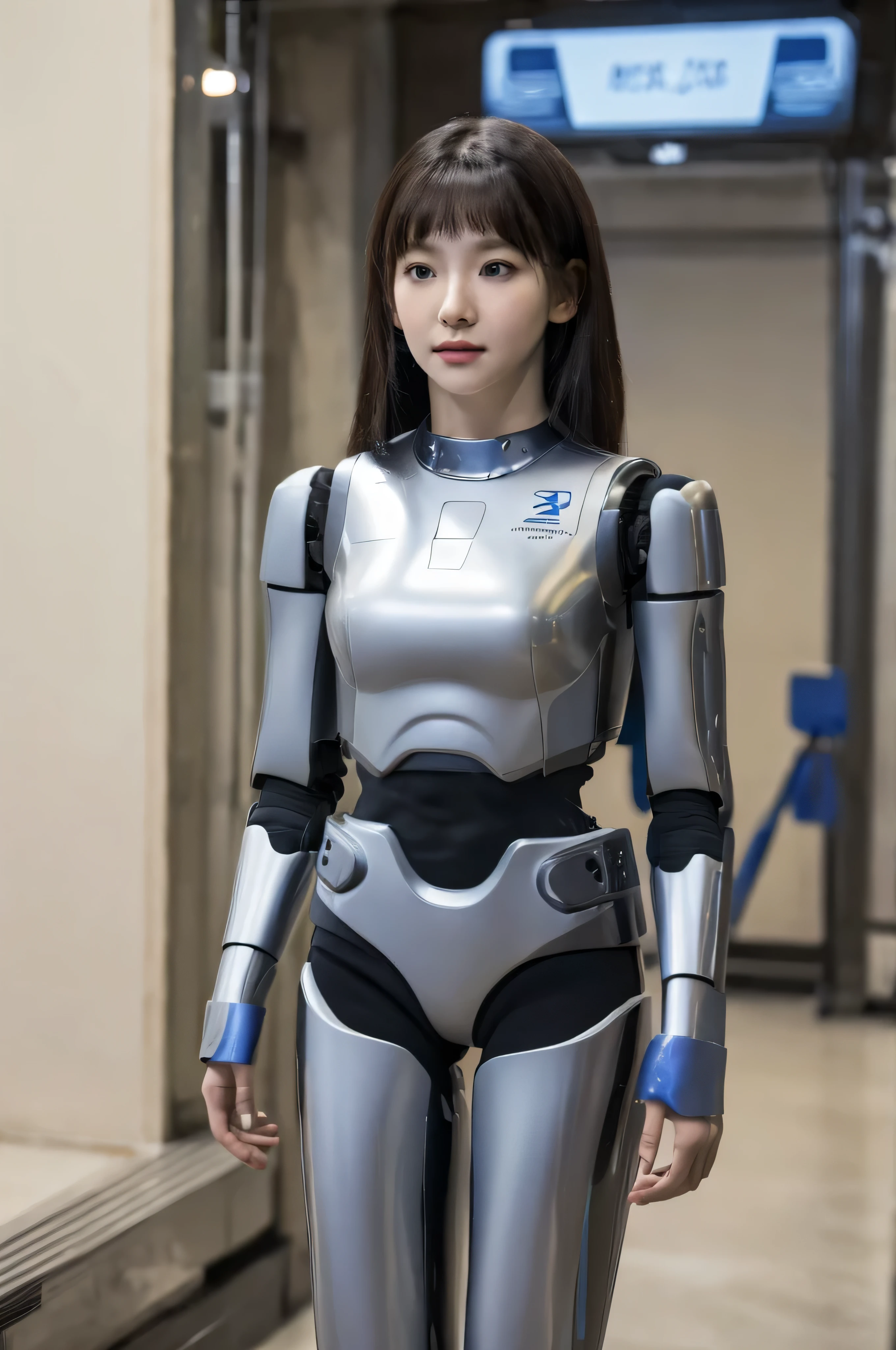 masterpiece, best quality, extremely detailed, (8K, 4K, Best Quality, hight resolution, A high resolution:1.1), 8K portrait,1girl in, Korean android girl,aespa karina,android teacher,Plump , control panels,android,Droid,Mechanical Hand, ,Robot arms and legs, Black hair,Mechanical body,Blunt bangs,White Robotics Parts,perfect robot woman,Charging spot,Long Tube,A thick cable was connected to her neck,ceramic body ,android,robot humanoid,a bit chubby,panty,full eyes,perfect mechanical body,white robotics body,future assembly plant,white body,She has repaired,black sponge joints,android assembly plant,android,laboratory,perfect machine body,white robot body, body by hrp-4c, face by aespa karina, blue eyes, body from hrp-4c, face from aespa karina, aespa karina's face, hrp-4c's robot body suit, blue eyes, sharp face shape, cute face shape, sexy face shape, 20years old, perfect nose shape, small nose, face shape from aespa karina, robot suit from HRP-4C, aespa karina's face shape