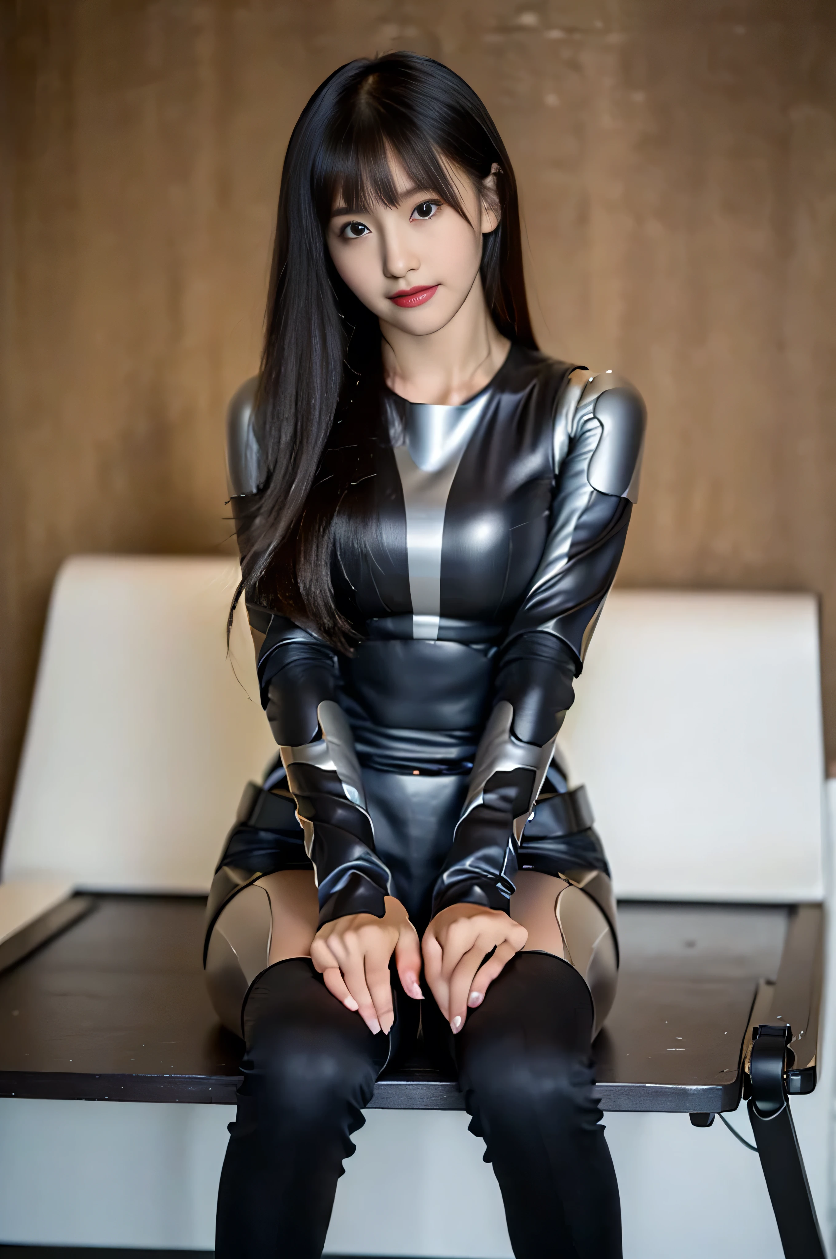 table top, highest quality, figure, super detailed, finely, High resolution, 8k wallpaper, 完璧なダイナミックな構figure, beautiful and fine eyes, Robot suit,Natural Color Lip, smile、18 year old girl,Wearing hrp-4c's robot body suit、shortcut, Girl turn into a humanoid robot, masterpiece, best quality, extremely detailed, (8k, 4K, Best Quality, hight resolution, 超A high resolution:1.1), 8k portrait,1girl in, Japanese Android girl,android teacher,Plump , control panels,android,droid,Mechanical Hand, ,Robot arms and legs, Black hair,Mechanical body,Blunt bangs,White Robotics Parts,perfect robot woman,Charging spot,Long Tube,A thick cable was connected to her neck,ceramic body ,android,Robot Humanoid,a bit chubby,panty,full eyes,perfect mechanical body,white robotics body,future assembly plant,white body,She has repaired,black sponge joints,android,perfect machine body,white robot body, body by hrp-4c, blue eyes, cute face shape, sexy face shape, 18 years old, hrp-4c's robot body suit, robot suit from HRP-4C