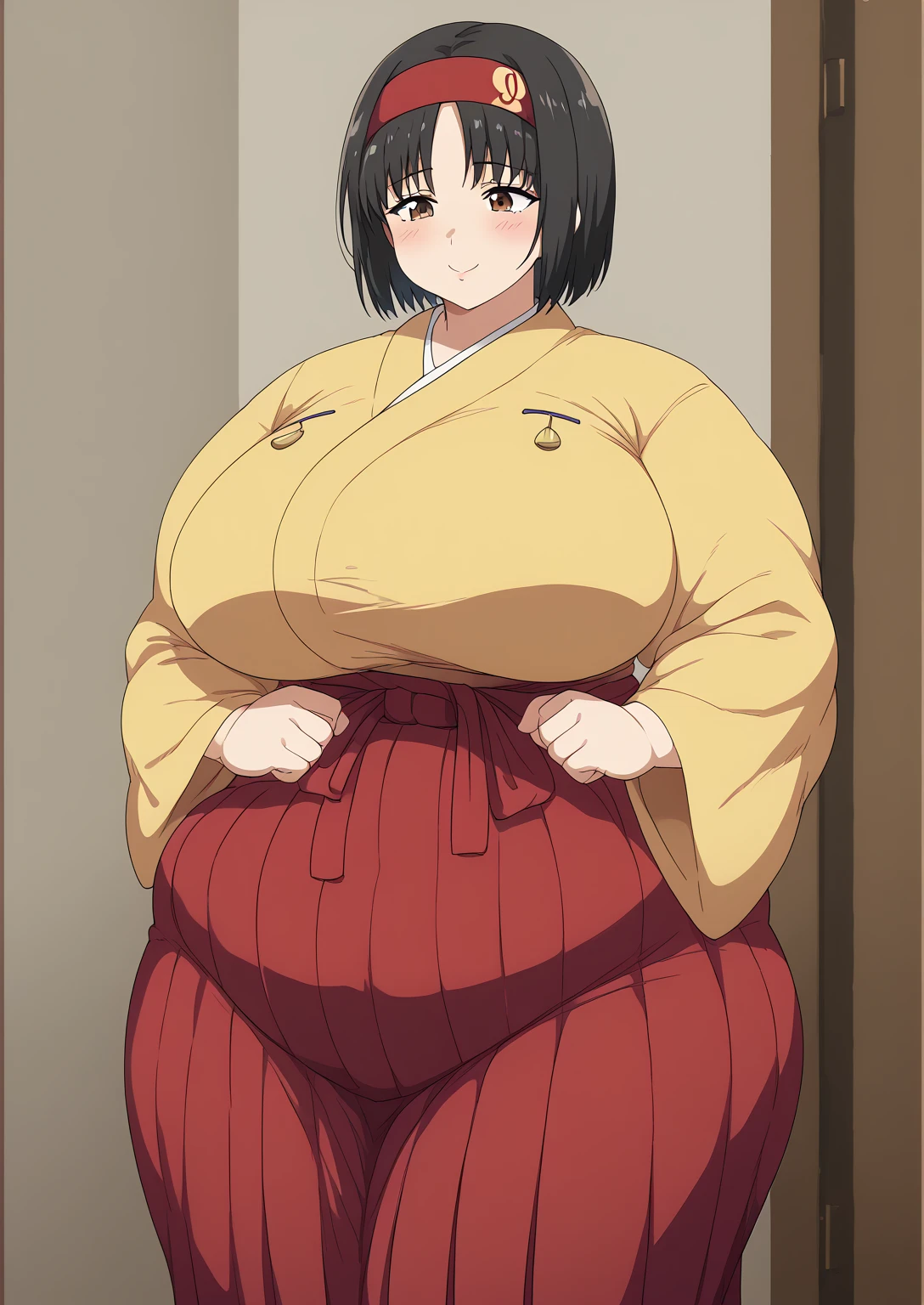 Erika, Erica,   brown eyes,  Black Hair,  red headband,   Shorthair,  yellow kimono,  boobs are not exposed,   Long Sleeve  ,  red hakama,sighing ,milf, score_9,   score_8_ up,   score_7_ up,   score_6_ up,   score_5_ up,   score_4_ up,     masterpiece   ,   top quality,     very aesthetic  ,    absurd,    Source_Anime, Anime screencap,    one woman , Alone,   personal   ,  Super huge breasts, (((S uper huge クレビス, Super huge , Super huge boob))), Curvy,   in her 20s, ssbbw,  embarrassing expression , Japanese-style room, Hunger, 