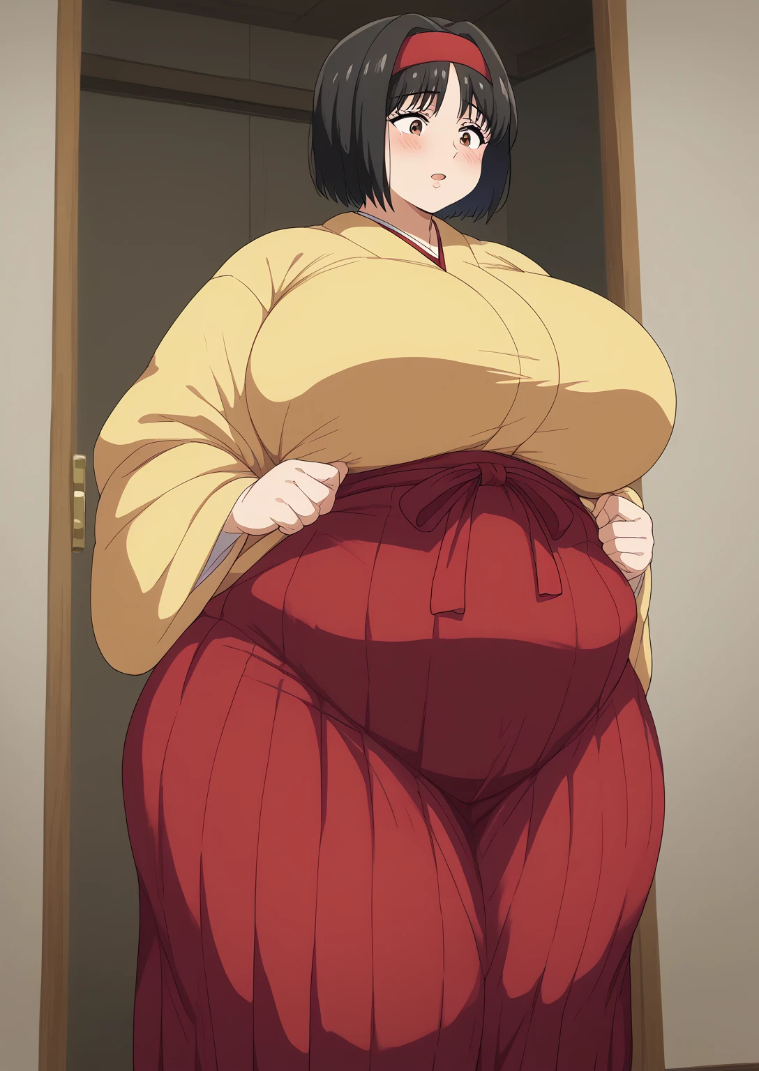 Erika, Erica,   brown eyes,  Black Hair,  red headband,   Shorthair,  yellow kimono,  boobs are not exposed,   Long Sleeve  ,  red hakama,sighing ,milf, score_9,   score_8_ up,   score_7_ up,   score_6_ up,   score_5_ up,   score_4_ up,     masterpiece   ,   top quality,     very aesthetic  ,    absurd,    Source_Anime, Anime screencap,    one woman , Alone,   personal   ,  Super huge breasts, (((S uper huge クレビス, Super huge , Super huge boob))), Curvy,   in her 20s, ssbbw,  embarrassing expression , Japanese-style room, Hunger, 