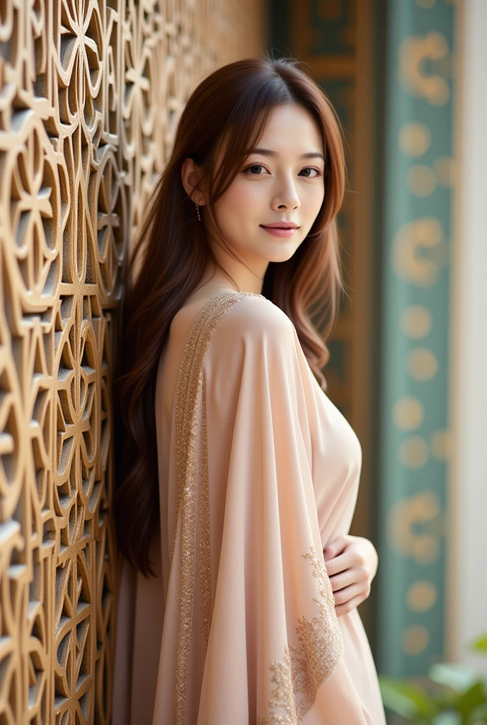 A photo of an East-Asian woman wearing an elegant shawl similar to the one in the image, standing gracefully against a wall adorned with intricate and majestic patterns. The shawl features delicate embroidery and soft textures, complementing the woman's poised demeanor.