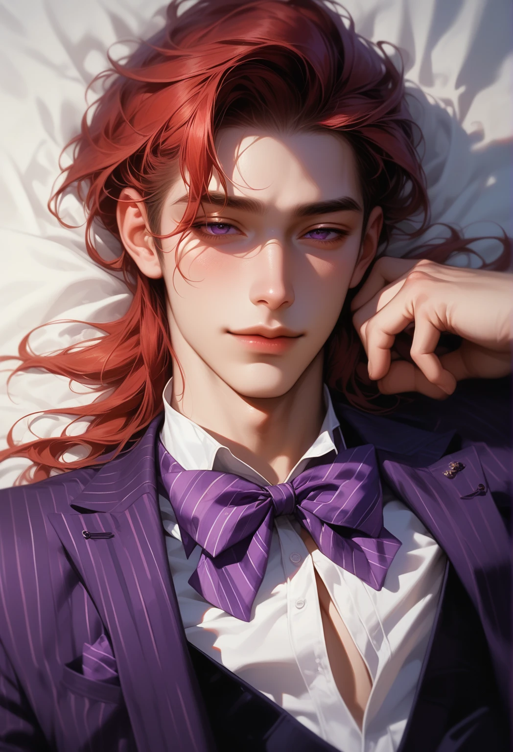 score_9, score_8_up), score_7_up, adult male, red hair, solo, 1boy, dark purple eyes, male focus, chest, out of frame, reality, (purple striped suit, purple bow tie), (sensual, Half-closed eyes, light smile, slight blush), sensual pose, sexy, lying down, good anatomy fingers