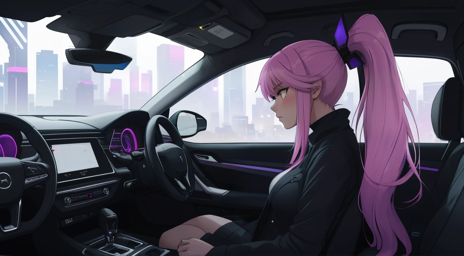 "An anime-style woman with long purple hair and pink highlights tied in a ponytail, sitting in the driver's seat of a car. The angle is from the front passenger seat, capturing her side profile with a clear view of her face, slightly illuminated by the soft glow of the car’s dashboard lights. Her expression is calm and introspective as she gazes out of the driver's side window into the night. The interior of the car features subtle neon purple lighting, reflecting a futuristic and cyberpunk aesthetic. The steering wheel is partially visible, and her hand rests lightly on it. Outside the window, a vibrant urban cityscape is visible, with tall, glowing skyscrapers and scattered streetlights under a clear, starry sky. The atmosphere is quiet and reflective, blending modern technology and emotional depth. She wears casual, sleek clothing appropriate for a late-night drive, exuding a sense of individuality and calmness. No cigarettes or smoke are present, ensuring a clean and serene vibe."
