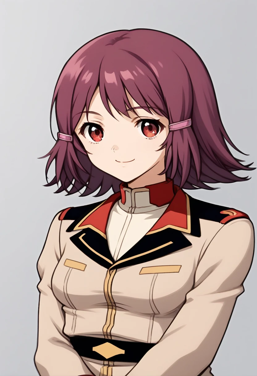 score_9, score_8_ up, score_7_ up, score_6_ up, score_5_ up, score_4_ up,  Source_Anime, Ellen Rossiff,  red eyes,  Shorthair, Purple Hair,  hair accessories, uniform, smile