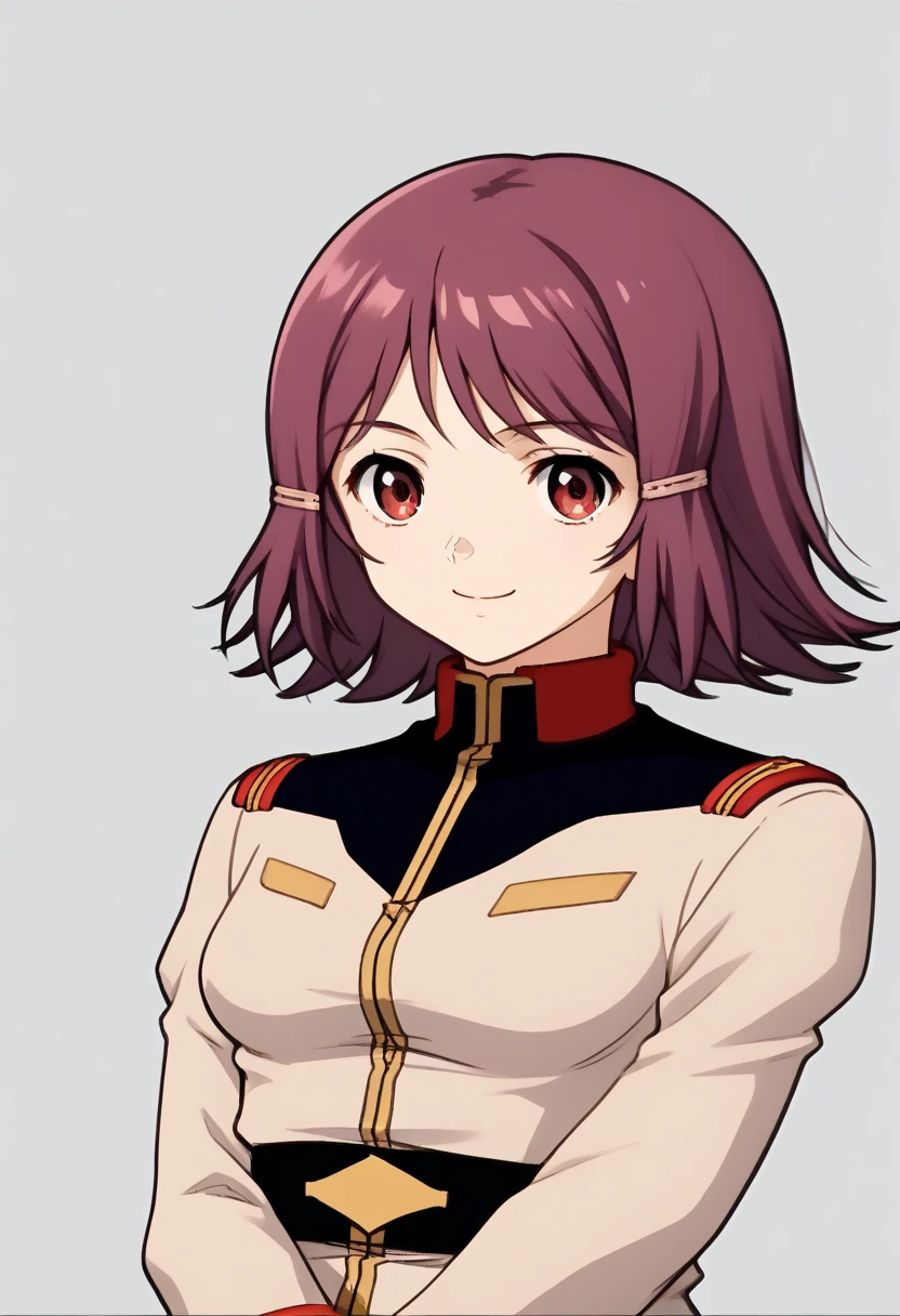 score_9, score_8_ up, score_7_ up, score_6_ up, score_5_ up, score_4_ up,  Source_Anime, Ellen Rossiff,  red eyes,  Shorthair, Purple Hair,  hair accessories, uniform, smile