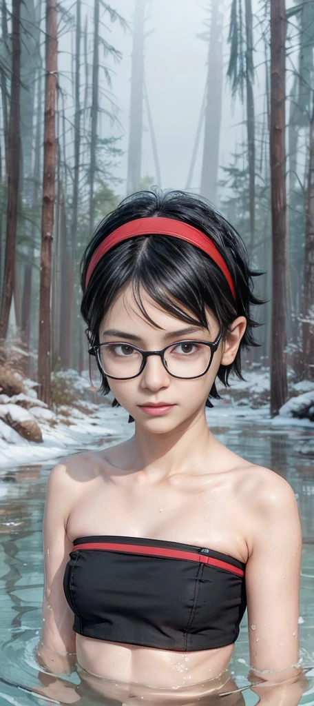 masterpiece, best quality, (realistic,photo-realistic:1.4), (RAW photo:1.2), extremely detailed CG unity 8k wallpaper, delicate and beautiful, amazing,finely detail, official art, absurdres, incredibly absurdres, huge filesize, ultra-detailed,extremely detailed eyes and face,light on face,sarada,(smirk:1.4),(black hair:1.4),(very short hair:1.4),nature,sarada uchiha,(wearing black framed glasses:1.5),(partially submerged:1.5),(nature:1.4),(tube top:1.4),red hairband,(winter background:1.5),pine forrest