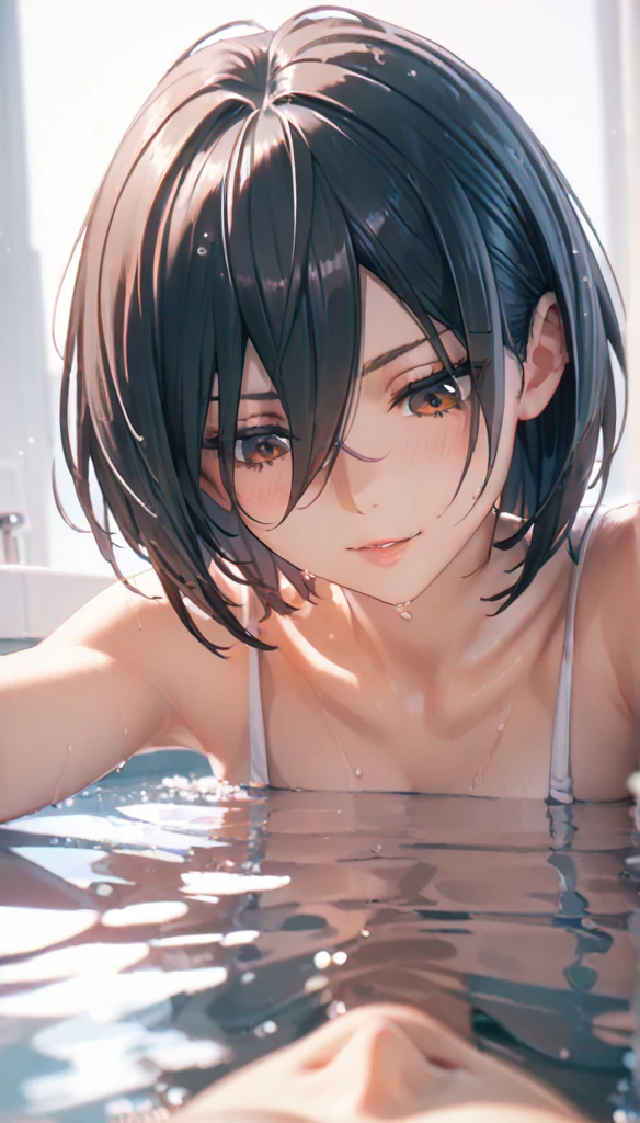 【Highest Quality, masutepiece】 [girl, expressioness, skyblue eyes, Black hair,naked,wet haired, short hair ,beauty skin,breast,Upper body] (Gray white background:1.5) ,soap_bubble ,bubble wet,bubble bra,wet,bubble,