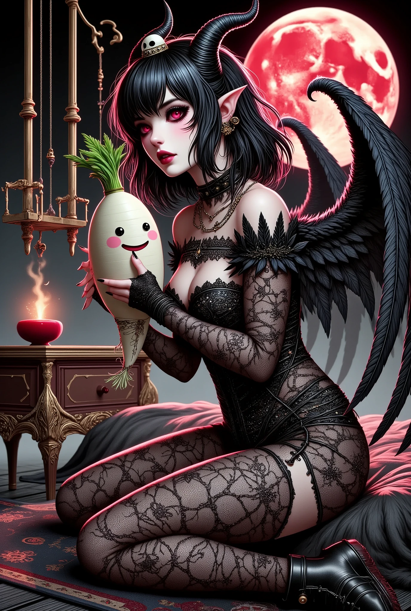 (Ultra-detailed face, Looking away, Fantasy Illustration with Gothic. Dark tone colors.), BREAK 
(A red moon rises over the gothic queen's bedroom in Devil's Castle, furnished with DAIKON motifs. A young succubus lies in a daring pose on an opulent canopied bed. She holds a stuffed DAIKON, which resembles a radish, a vegetable with pretty leaves and a smile, and French-kisses it coyly.), BREAK 
(She has jet-black hair and eyebrows, blunt bangs, ground-length messy hair, glowing red eyes with yellow stars, small pink lips, pale skin, and dark, thick eyeliner.), BREAK 
(She wears a tiara with a skull motif and a black leather chukar. She wears a high-leg bodysuit of lace fabric made of raven feathers and embroidered with red thread, and stocking boots with braided red laces. On her back she has a pair of large raven-shaped wings.)