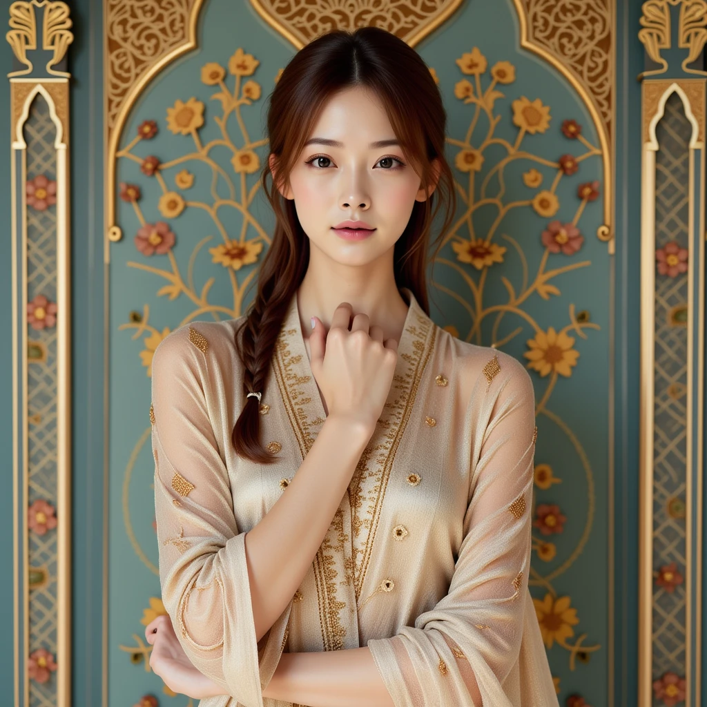 A photo of an East-Asian woman wearing an elegant shawl similar to the one in the image, standing gracefully against a wall adorned with intricate and majestic patterns. The shawl features delicate embroidery and soft textures, complementing the woman's poised demeanor.