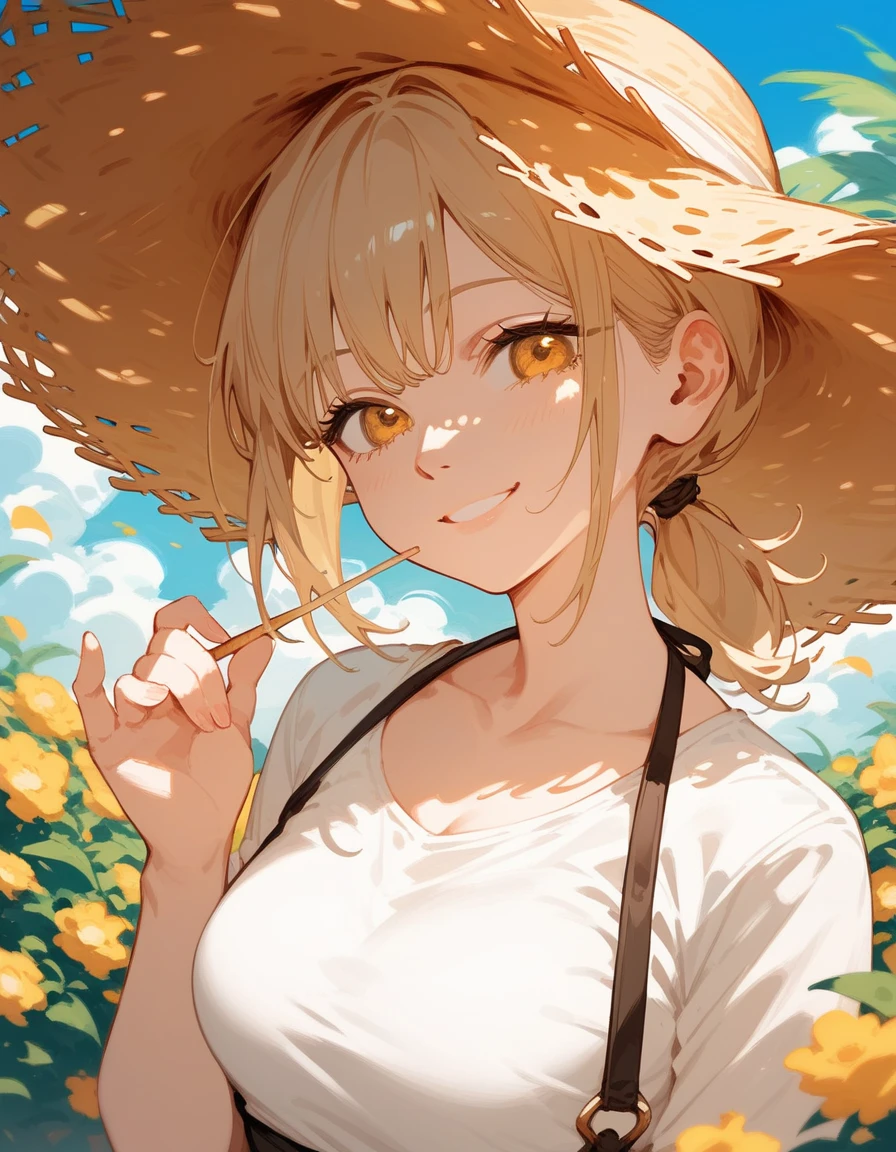 masterpiece,best quality, ultra-detailed,1girl(sakurai momoka, lovely small breasts, glow skin, wavy hair, long hair, blonde hair,green eyes),smile, glow lips, nose blush, blush, solo, sundress,  straw hat,  field, standing, Sexy waist teasing 