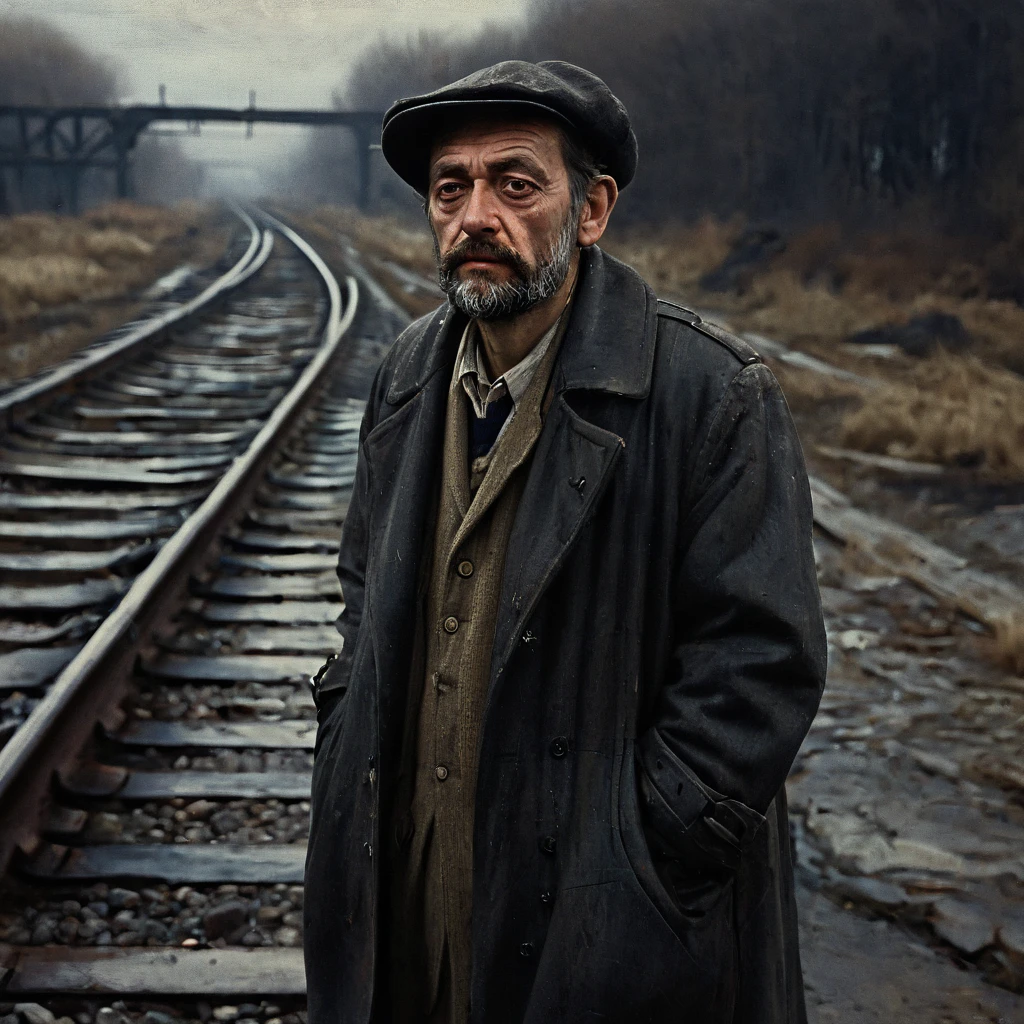 An oil painting close-up of a European-looking homeless man, dressed in 1950s, vintage, lonely walking near abandoned train tracks, wearing trench coat, oil painting Nick Alm style, realistic, mysterious, desolation, abandonment, cinematic lighting, dramatic shadows, melancholic atmosphere, high contrast, film grain, detailed textures, worn surfaces, cinematic composition, melancholic mood, atmospheric, rough, gloomy, evocative